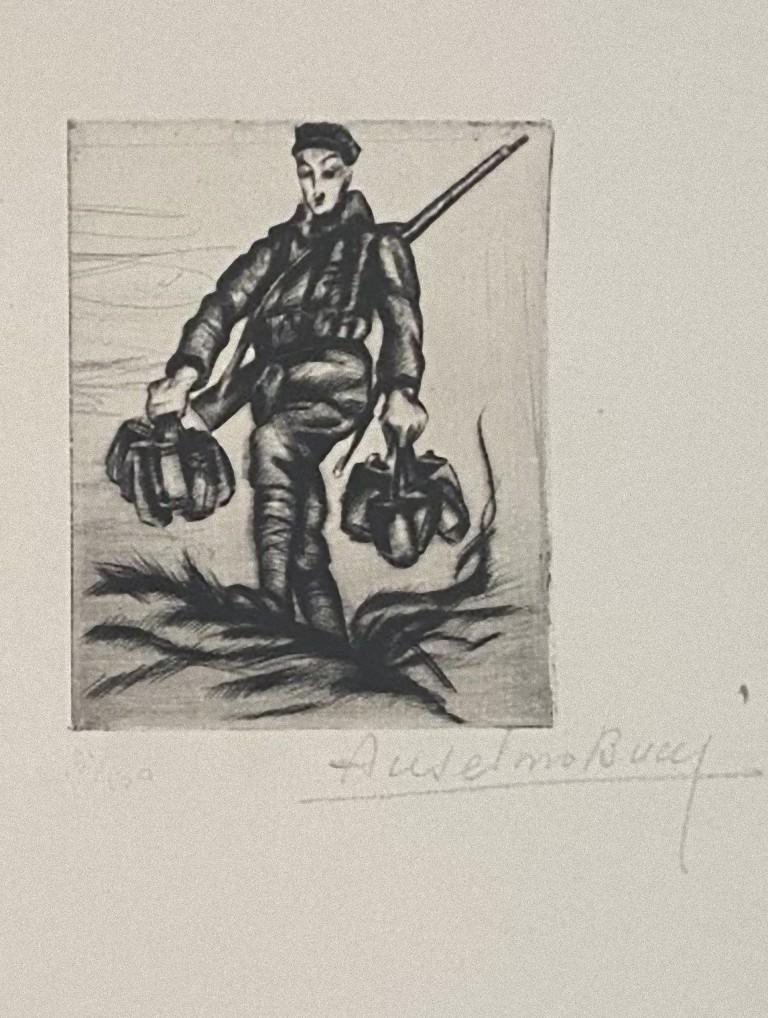 "Military" 1917s is a beautiful print in etching technique, realized by Anselmo Bucci (1887-1955).

Hand signed. Numbered 61/100 of prints on the lower left. On the lower left corner, an illegible iscription written in pencil.

Anselmo Bucci