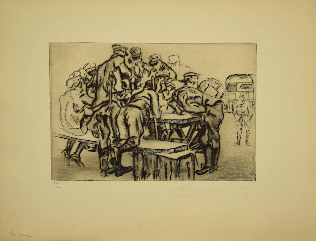 "Military" is a beautiful print in the etching technique, realized by Anselmo Bucci (1887-1955).

In very good conditions.

Hand-signed.  Image Dimensions: 15.5 x 22.5 cm. 
 
Numbered, Edition 23/100.

Anselmo Bucci (1887-1955): Italian painter,