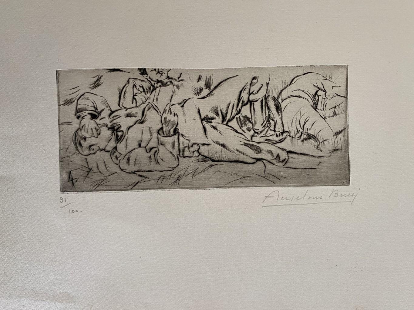 "Military" 1917s is a beautiful print in etching technique, realized by Anselmo Bucci (1887-1955).

Hand signed. Numbered 81/100 of prints on the lower left. On the lower left corner, an illegible iscription written in pencil.

Image Dimensions: 9 x