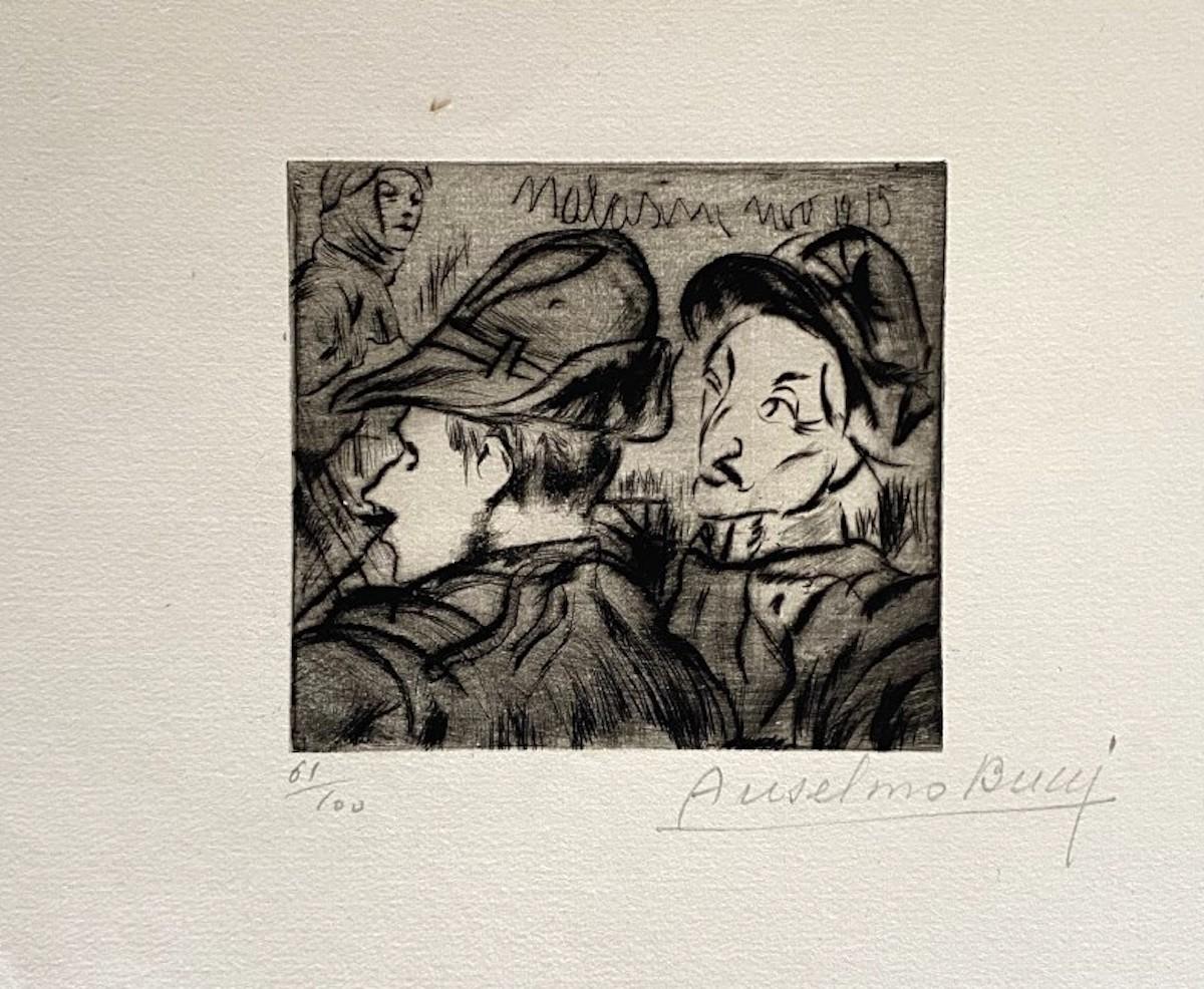"Military" 1917s is a beautiful print in etching technique, realized by Anselmo Bucci (1887-1955).

Hand signed. Numbered 61/100 of prints on the lower left. On the lower left corner, an illegible iscription written in pencil.

Image Dimensions: 9 x