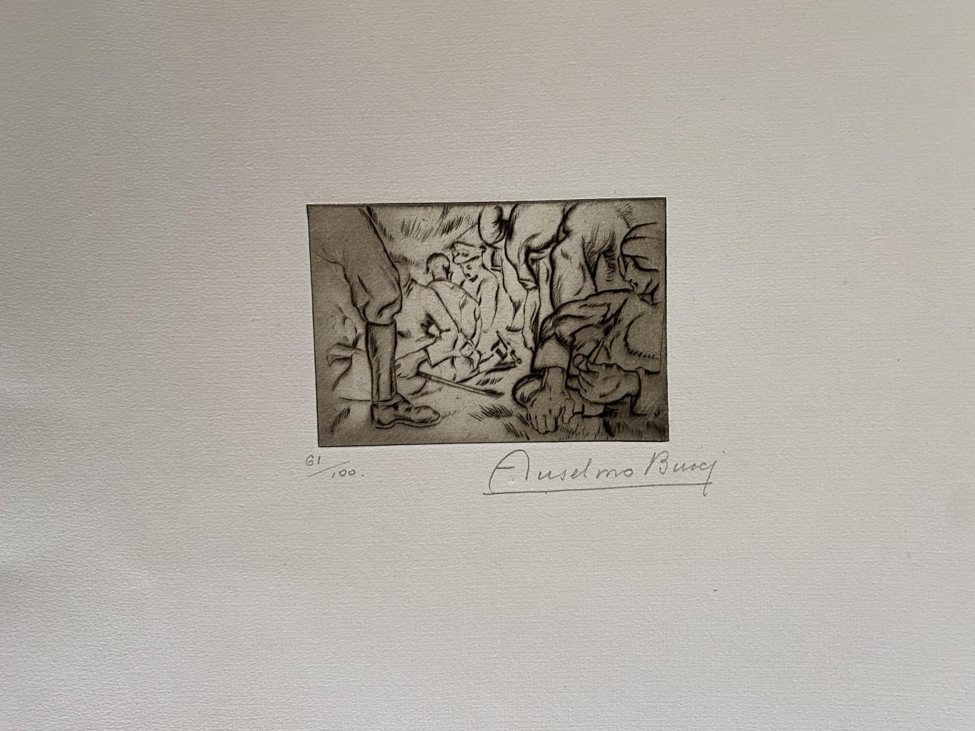 "Militar" 1917s es una bella estampa en técnica de aguafuerte, realizada por Anselmo Bucci (1887-1955).

Firmado a mano. Numerado 61/100 de copias en la parte inferior izquierda. En la esquina inferior izquierda, una iscripción ilegible escrita a