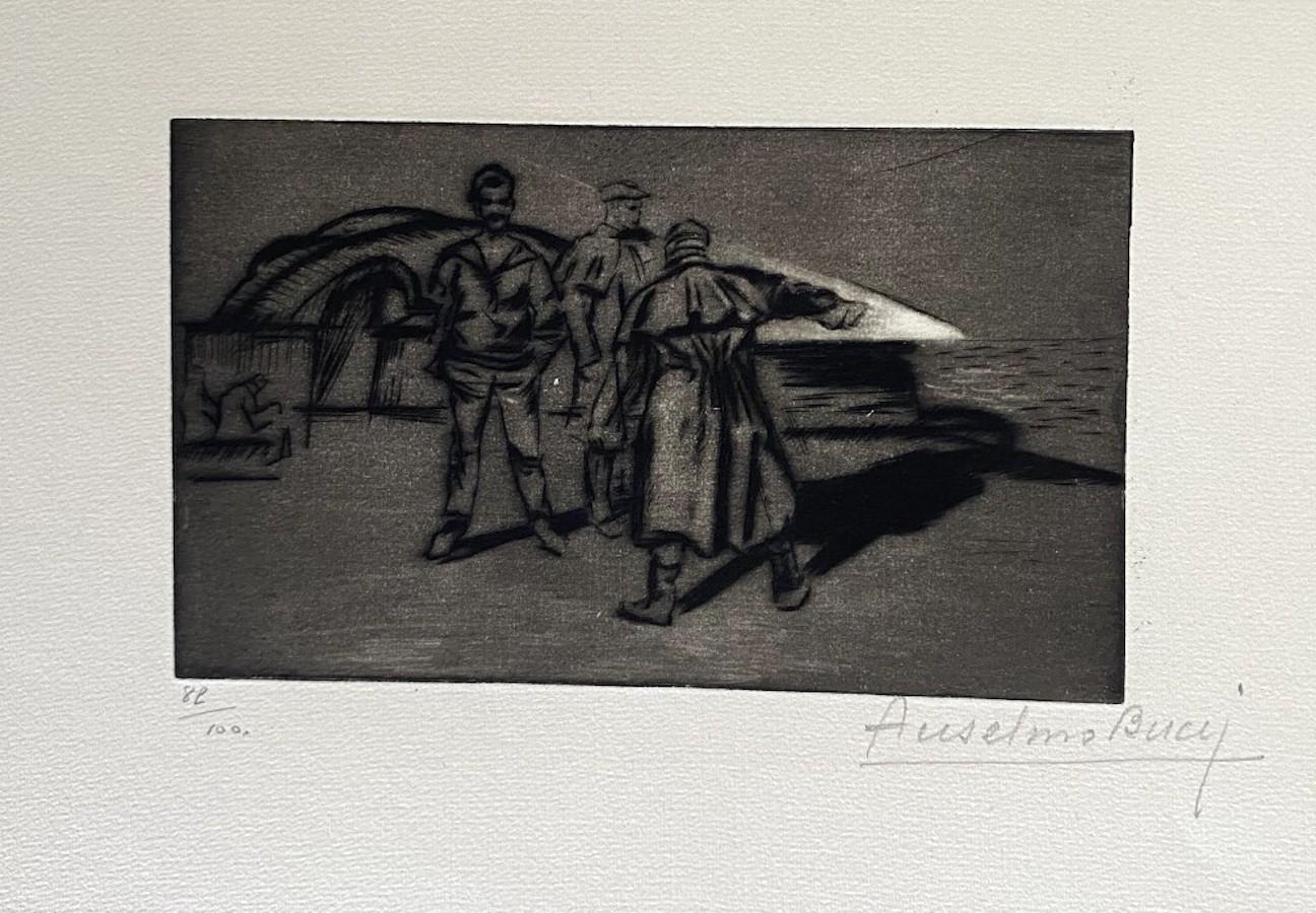 "Military" 1917s is a beautiful print in etching technique, realized by Anselmo Bucci (1887-1955).

Hand signed. Numbered 89/100 of prints on the lower left. On the lower left corner, an illegible iscription written in pencil.

Image Dimensions: