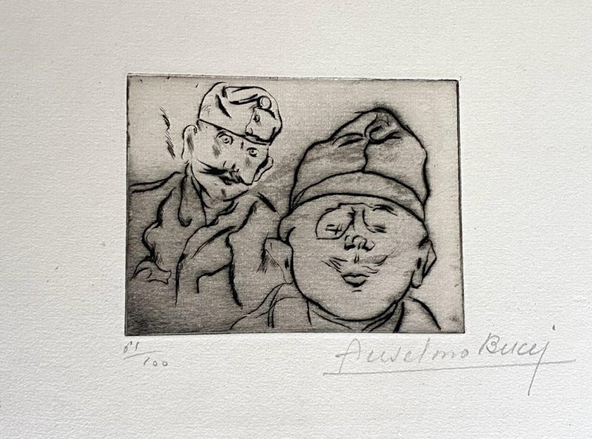 "Military" 1917s is a beautiful print in etching technique, realized by Anselmo Bucci (1887-1955).

Hand signed. Numbered 61/100 of prints on the lower left. On the lower left corner, an illegible iscription written in pencil.

Image Dimensions: 8.8