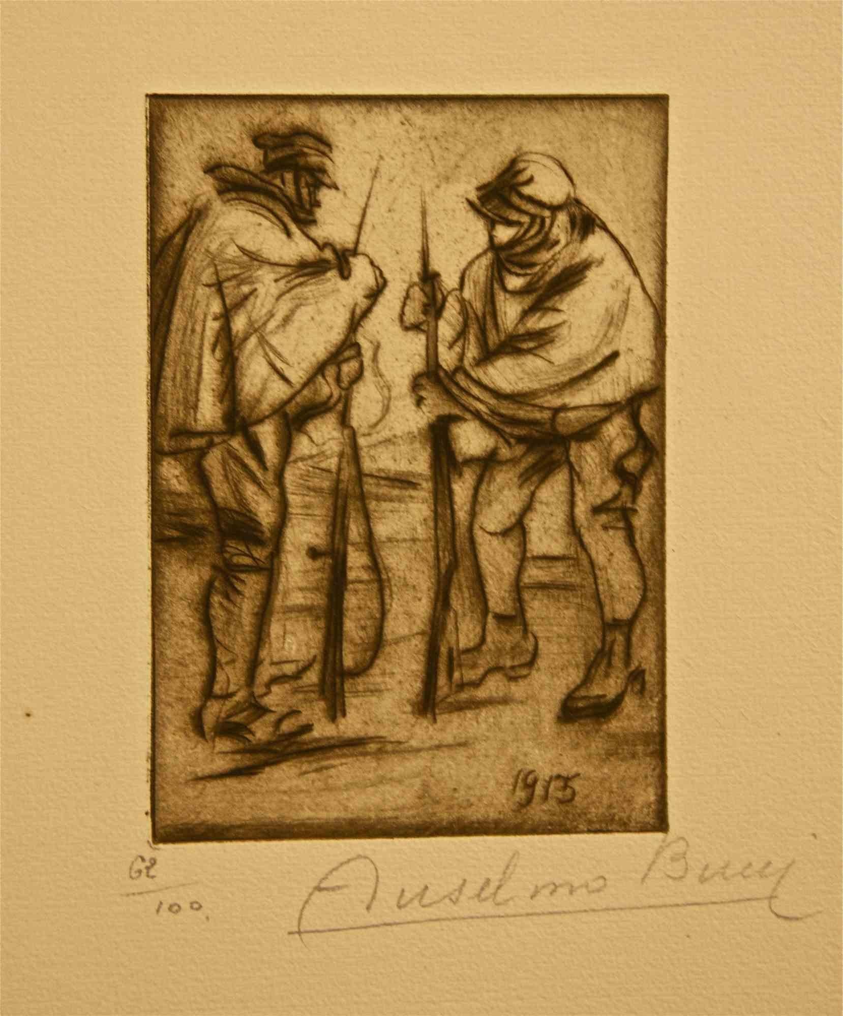 Nettoyage des Armes - Etching by Anselmo Bucci - 1917