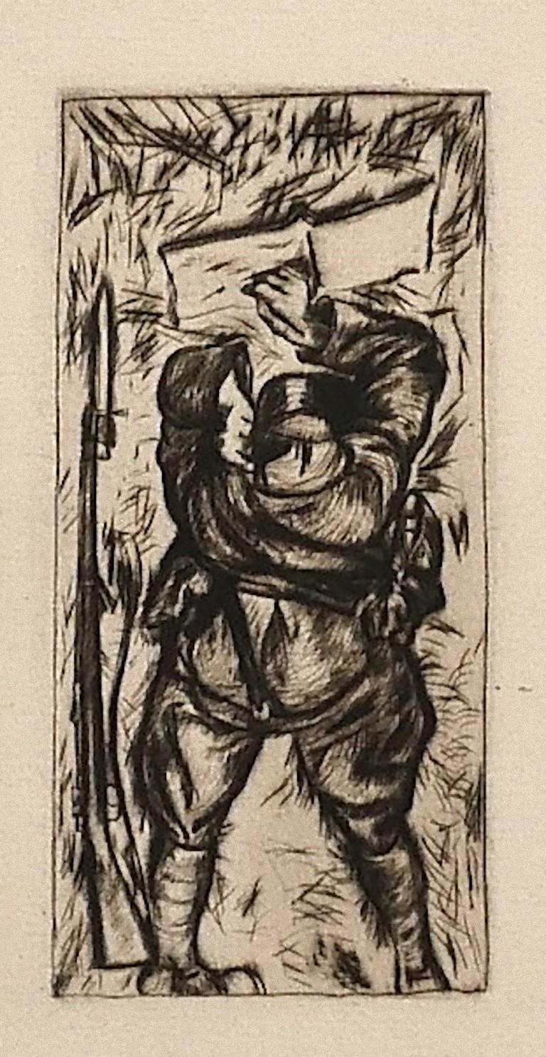 Anselmo Bucci Figurative Print - Reading Soldier - Etching on Paper - 1918