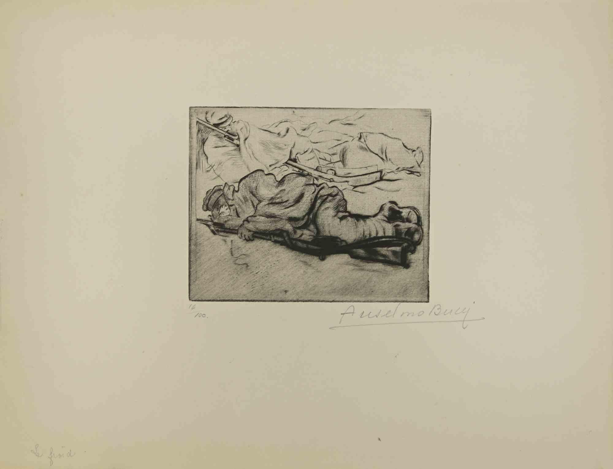 Sleep - from "Le Croquis du Front Italien" is an Artwork, Drypoint,  realized by the Italian Artist Anselmo Bucci, in 1917 s.

Hand signed on the right margin . Edition n. 14/100 specimens on Hollande paper. From the collection: “Croquis du Front