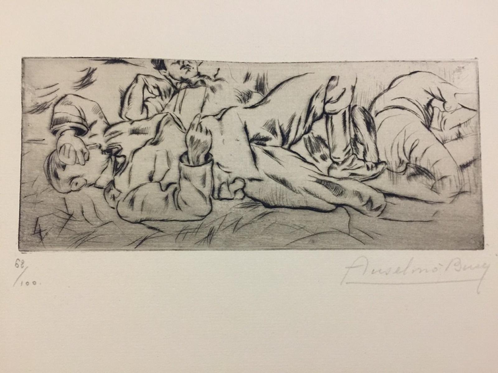 Dimensiones de la imagen: 9 x 21   cm.

Firmado a mano. Edición de 100 copias en papel Hollande. De la colección "Croquis du Front Italien" , publicado en París por ediciones D'Alignan. Anselmo Bucci fue un pintor y grabador italiano. Participó en
