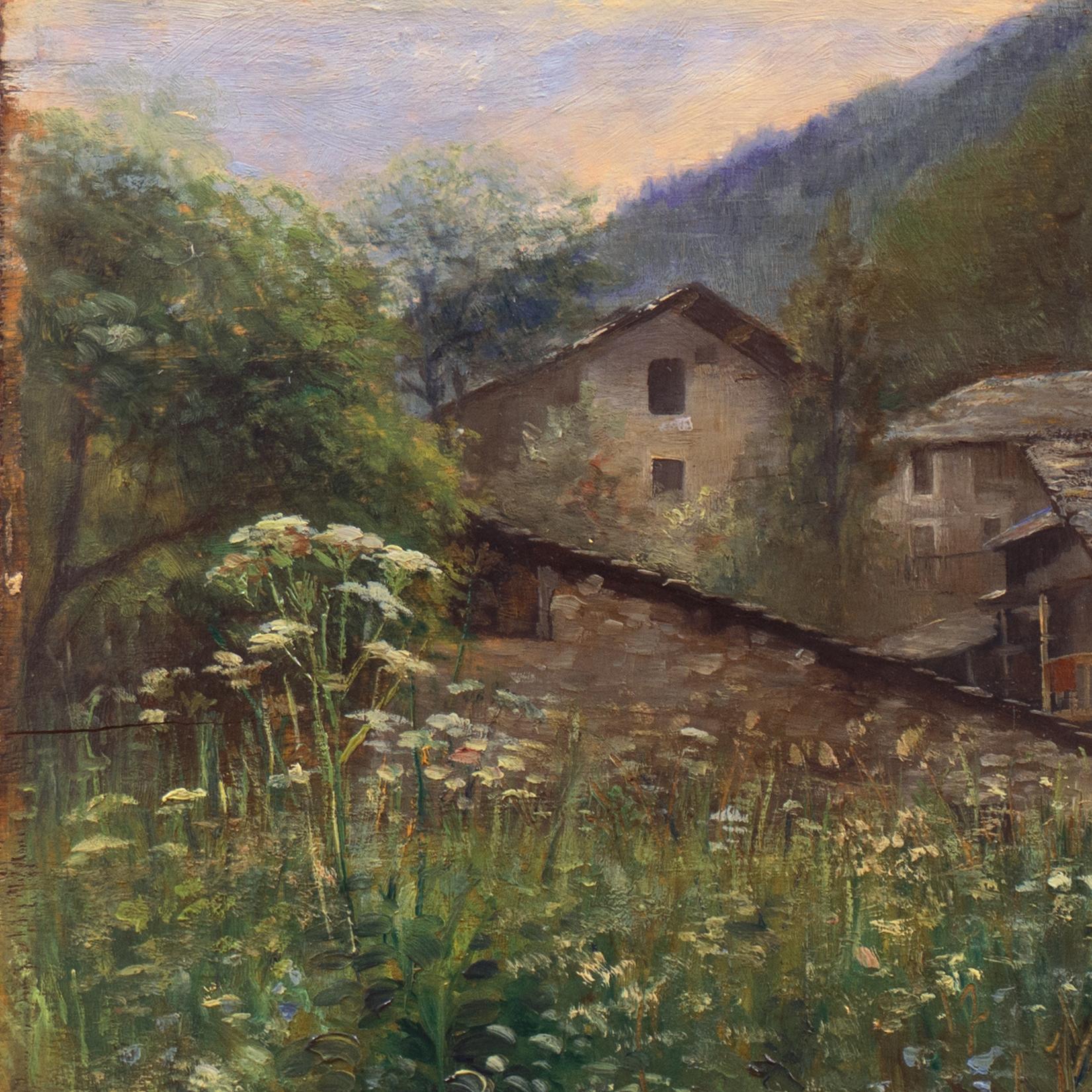 Primavera en el Valle de Soana, ' Dolomitas, Piamonte, Parque Nacional del Gran Paradiso - Landscape Painting Marrón de Anselmo Sacerdote