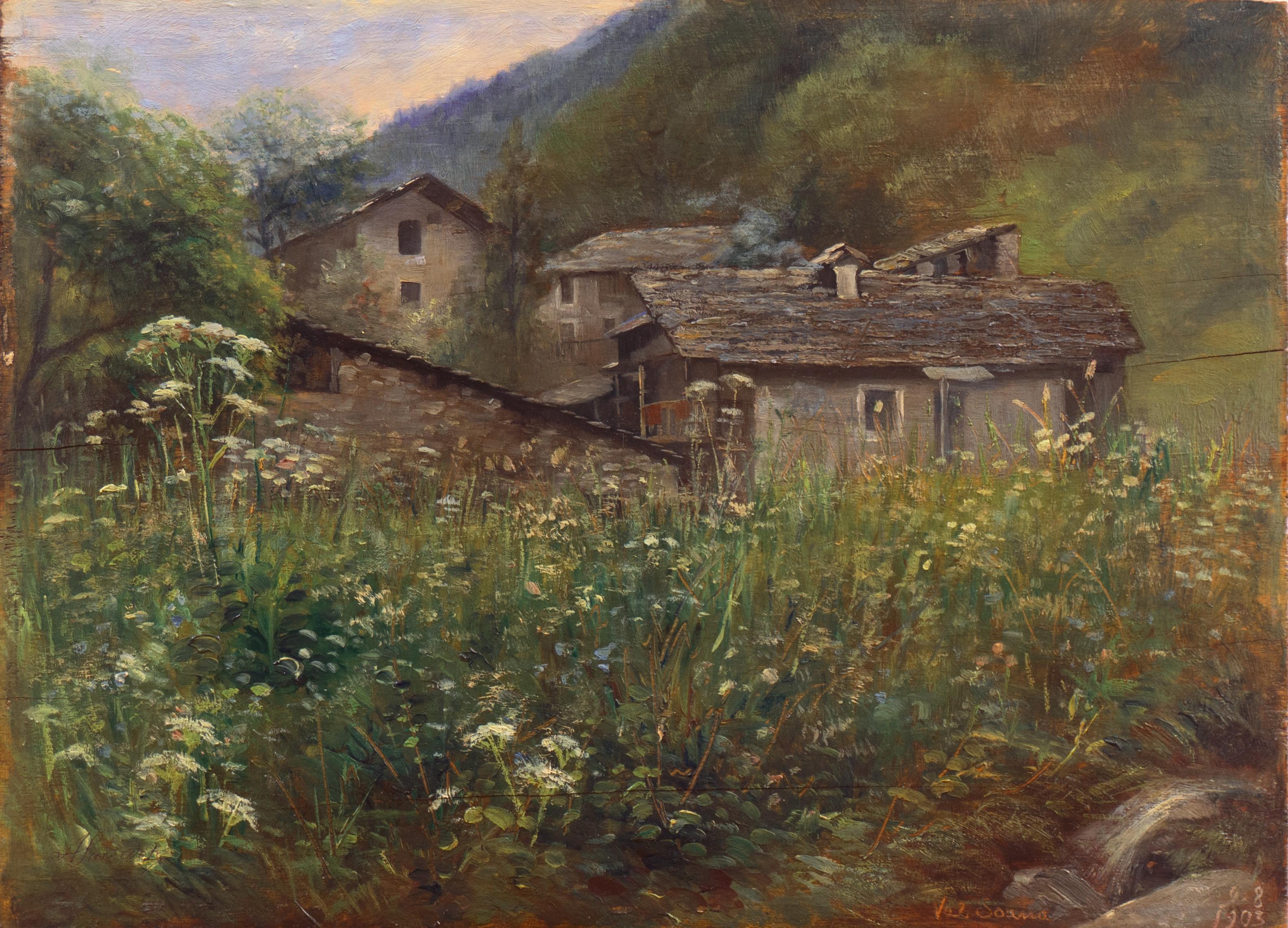Landscape Painting Anselmo Sacerdote - « Printemps dans la vallée de la Soana », Dolomites, Piedmont, parc national du Gran Paradiso