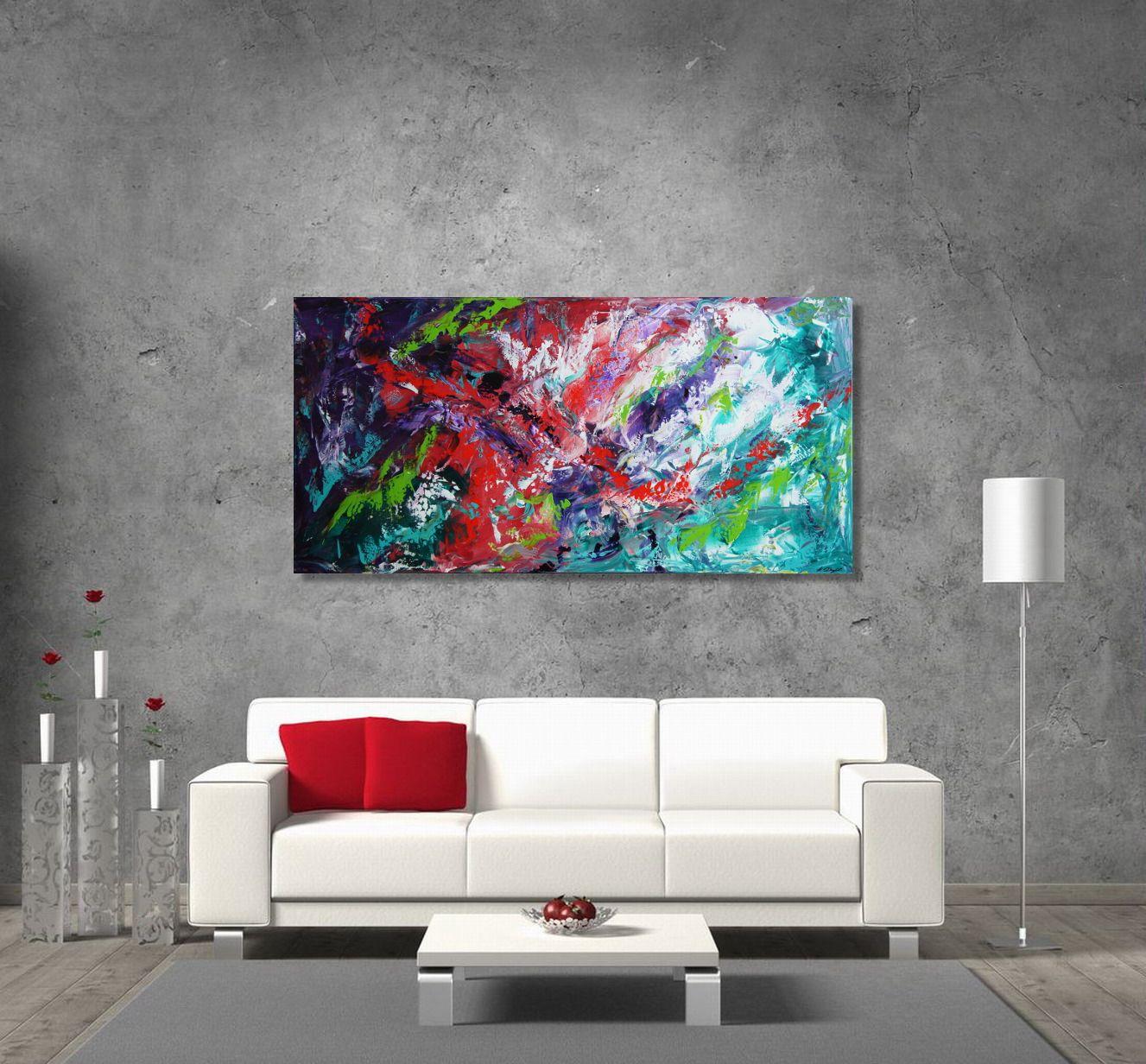 This wide acrylic painting is very lively and impulsive, reminding me of the bright sun-flooded side of a jungle that brings its fauna to bloom and the darker side, too dense for any light to break through. ...Enjoy!    Unique painting using