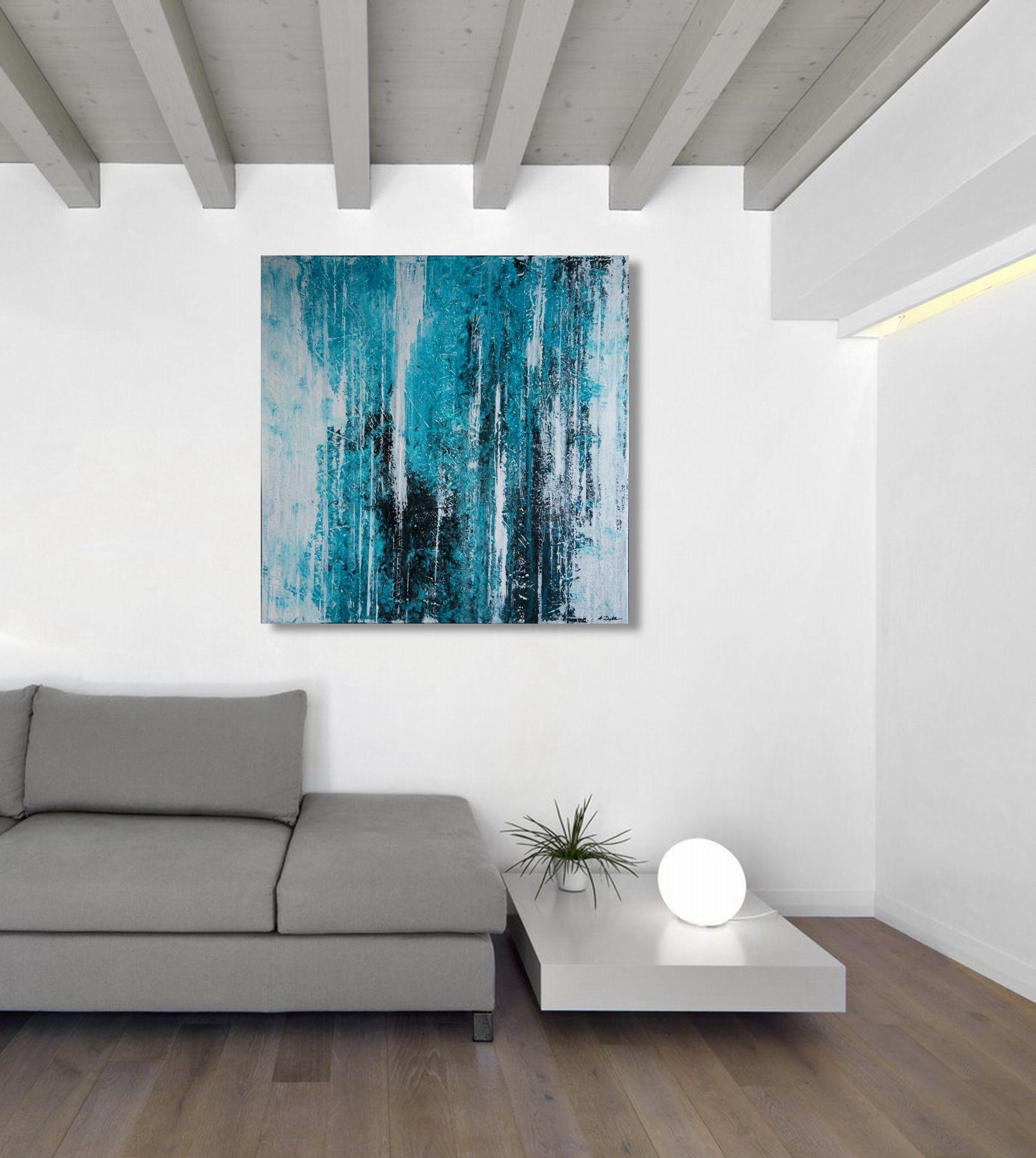 Ecco un grande pezzo quadrato nei colori della gemma amazzonite (turchese) con il nero che traspare dalla superficie bianca. Si tratta del dipinto gemello di Amazonite Revealed II... Buon divertimento!    Dipinto unico con colori acrilici di alta