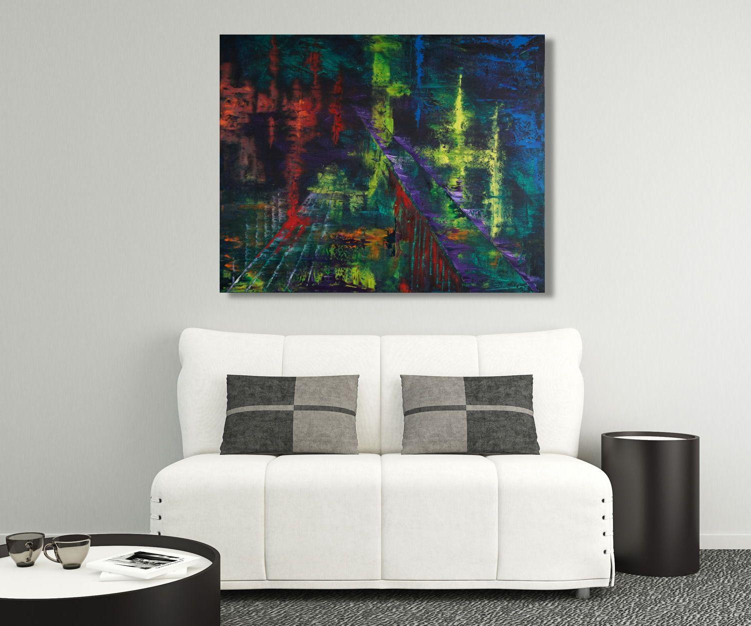 From the citylights series. Using palletknife technique and layers of oil paint to create an abstracted city night scene.    Unique painting using high-quality oil colors on gallery canvas (stapled on the back), glossy varnish to seal the painting.