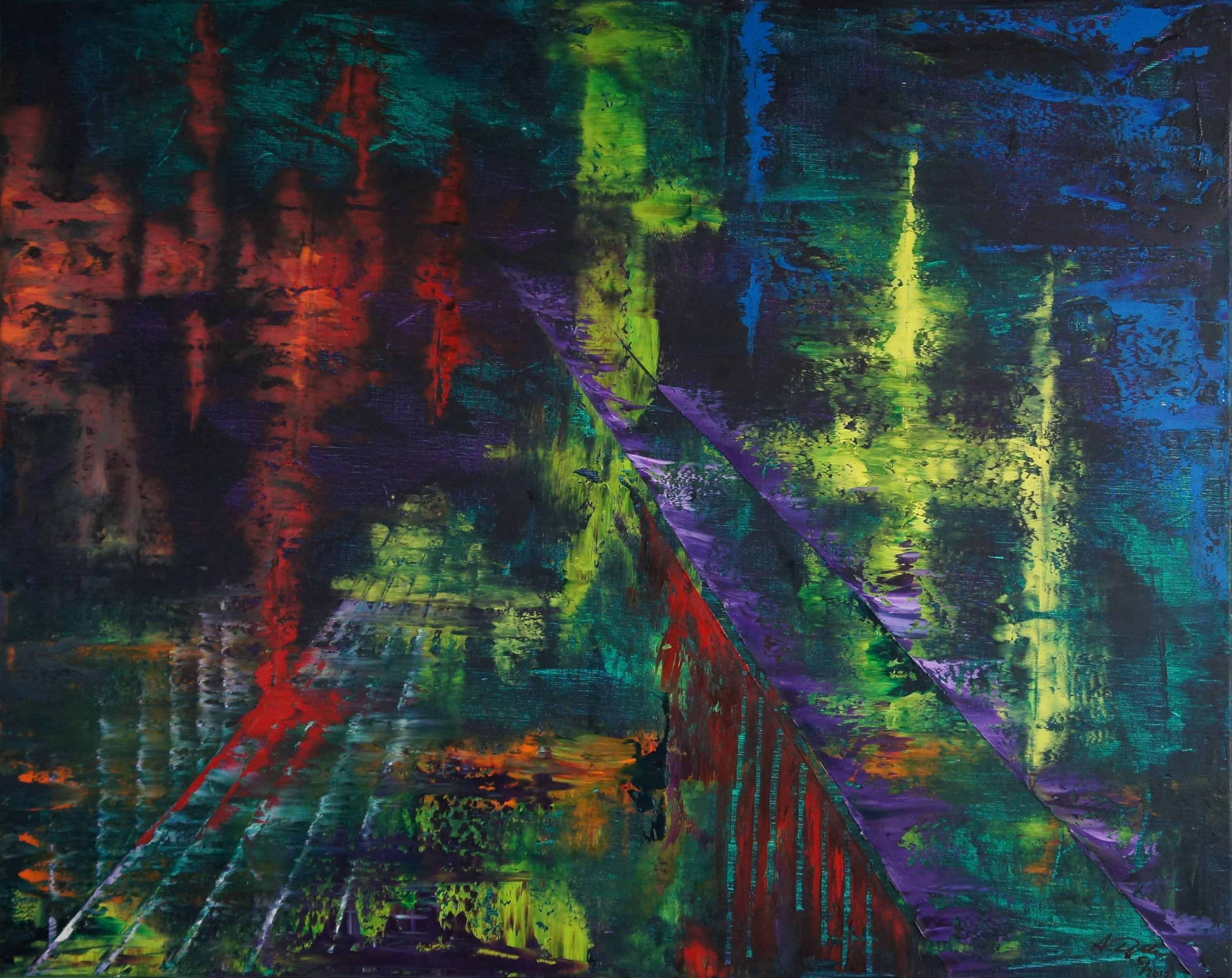 Abstract Painting di Ansgar Dressler - Bridged Nightlife (100 x 80 cm) XL olio (40 x 32 in, Pittura, Olio su tela