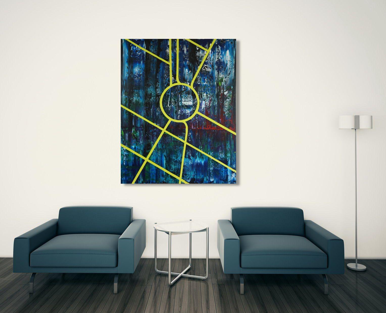 One from the map series, showing a street map of Manhattan, New York City, Columbus Circle being the center point. From there, Broadway runs vertically from north to south while avenues and streets run diagonally.  Textured pallet-knife painting in