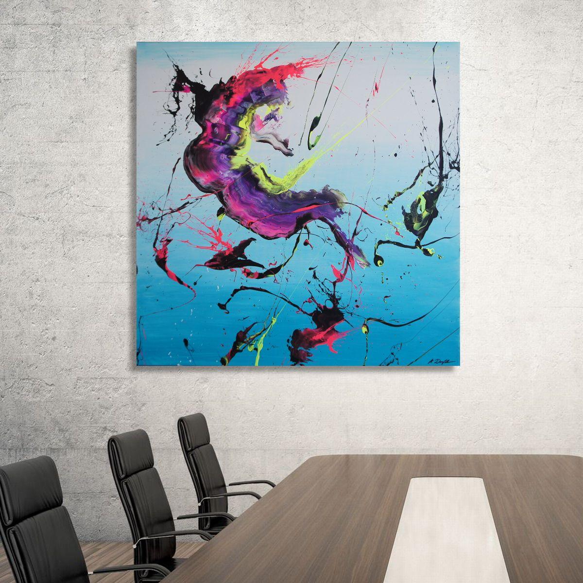 Hereâ€™s a large squared piece from my Spirits Of Skies Collection.    These paintings thrive from the bold colors, sometimes in neon, the wild and energy-loaded creatures that seem to float and constantly move above the skies of other worlds. Each