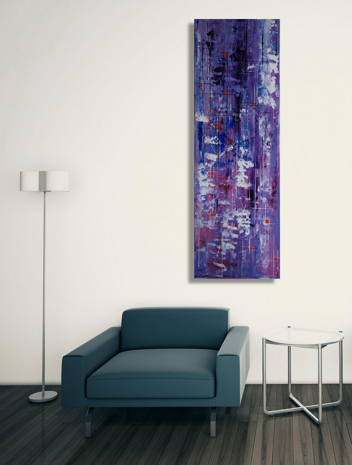This lengthy vertical artwork in acrylics comes in dominating tones of purple with patches of white and magenta and dark purple. The foreground is dominated by vertical and harizontal lines and contrasting light red squares, making the painting very