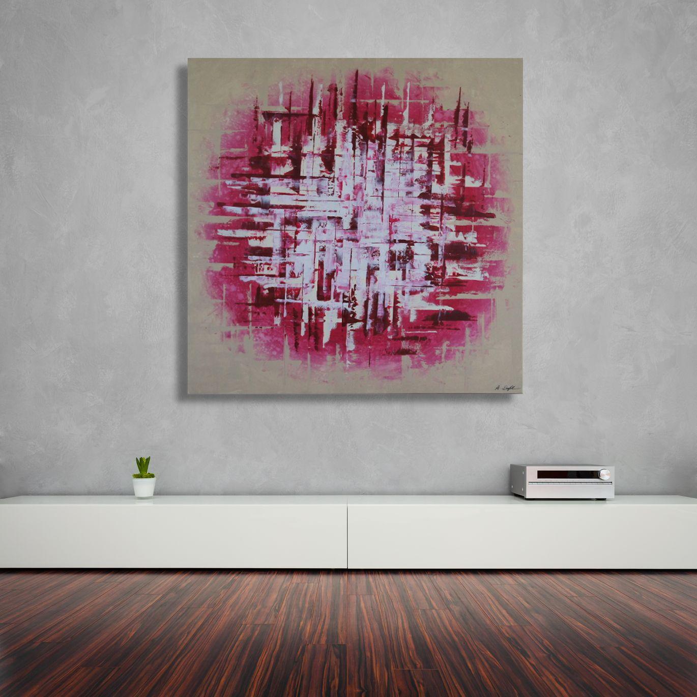 This large squared painting in acrylics comes in mellow soft tones of beige, white, and magenta. The dynamic comes with the lines arranged in a circle shape. Enjoy!    Unique painting using high-quality acrylic colors on professional gallery canvas