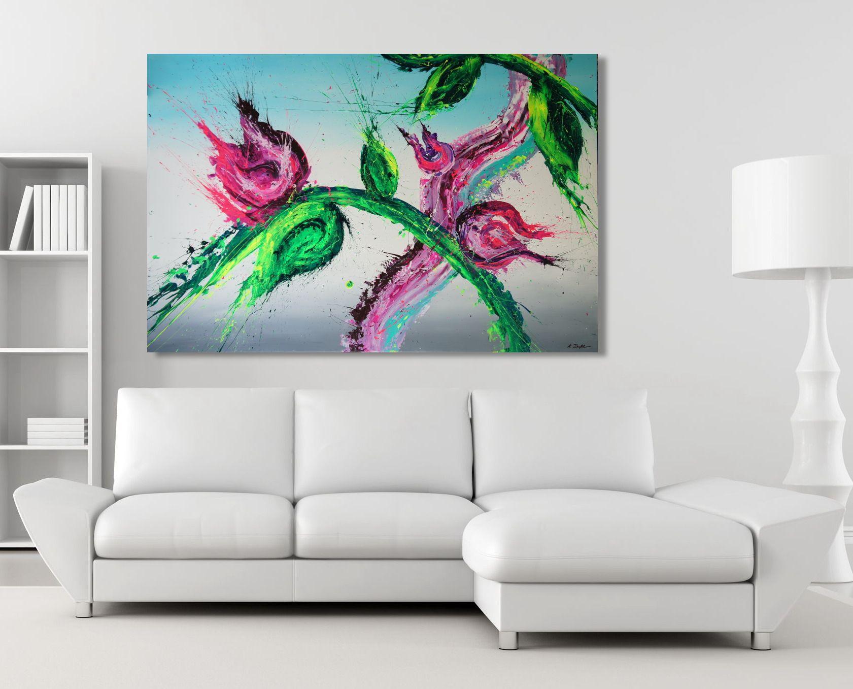 Here is a huge rectangle piece from my unique Spirits Of Skies Collection. This one is a bit atypical in the sense that itâ€™s not fully abstract. One can make out blooming flowers in magenta pink and white, green leaves and stems. All in a very