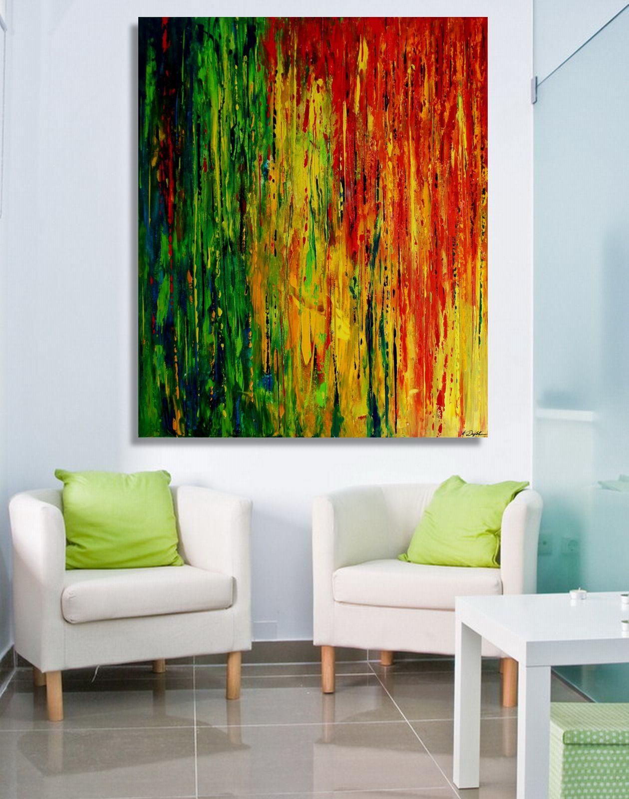 Cette grande peinture au couteau à palette en acrylique sur toile se décline dans toutes les couleurs de l'arc-en-ciel, dans une dynamique verticale comme une pluie d'été à la fois chaude et rafraîchissante. Profitez-en !    Peinture unique