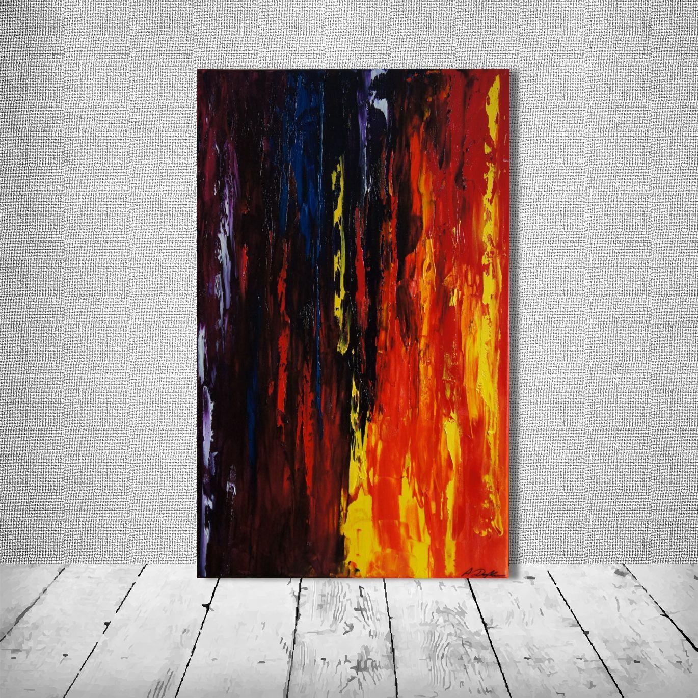 This thick-layered and textured piece in oil colors lives from the contrasting colors of day and night. The bright side reaching out to the dark colors to enlighten them... Enjoy!    Unique painting using high-quality oil colors on professional