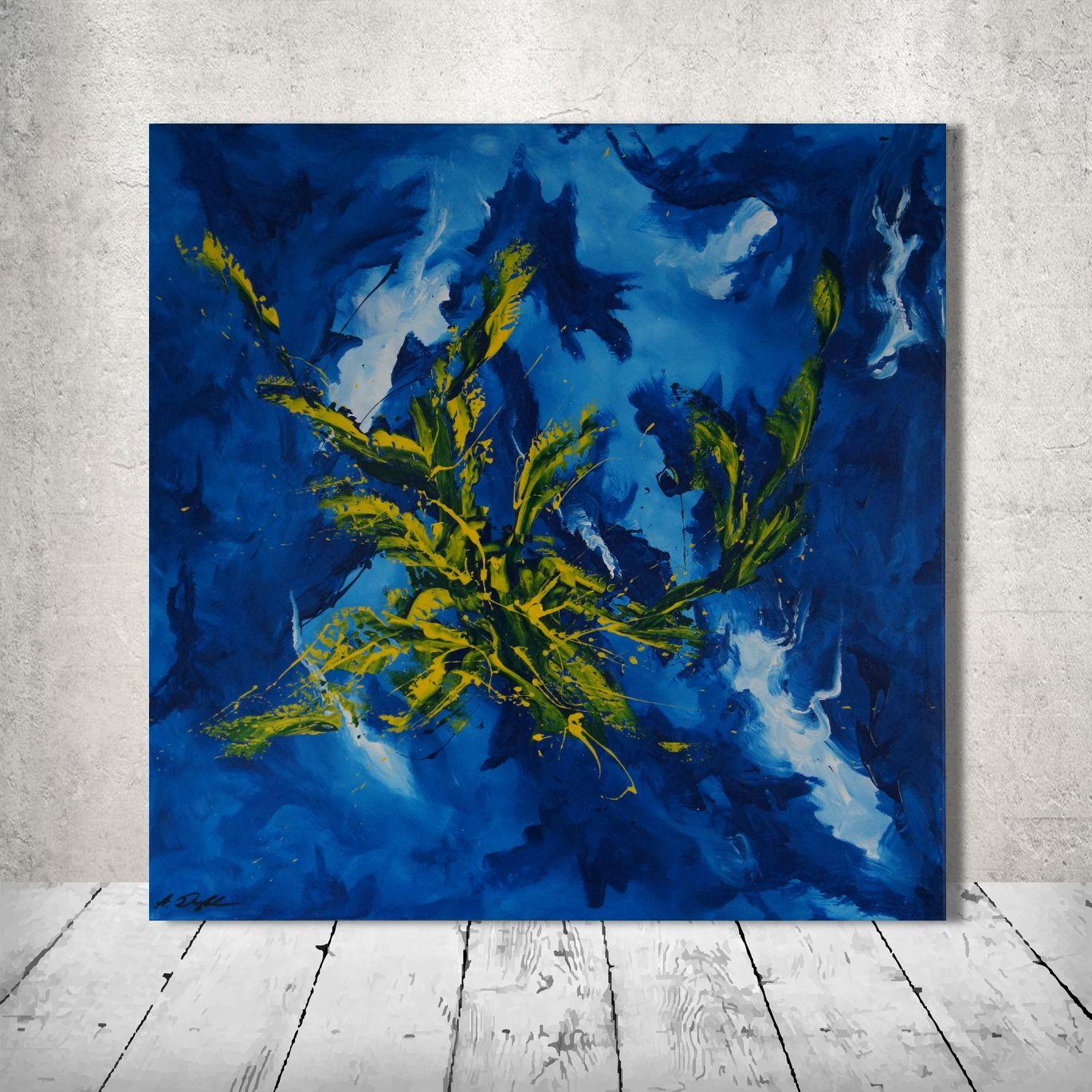 Un dipinto molto vivace in acrilico che utilizza un mix dinamico di blu e giallo, che per lo più si trasforma in verde, contro un cielo selvaggio e astratto altrettanto dinamico