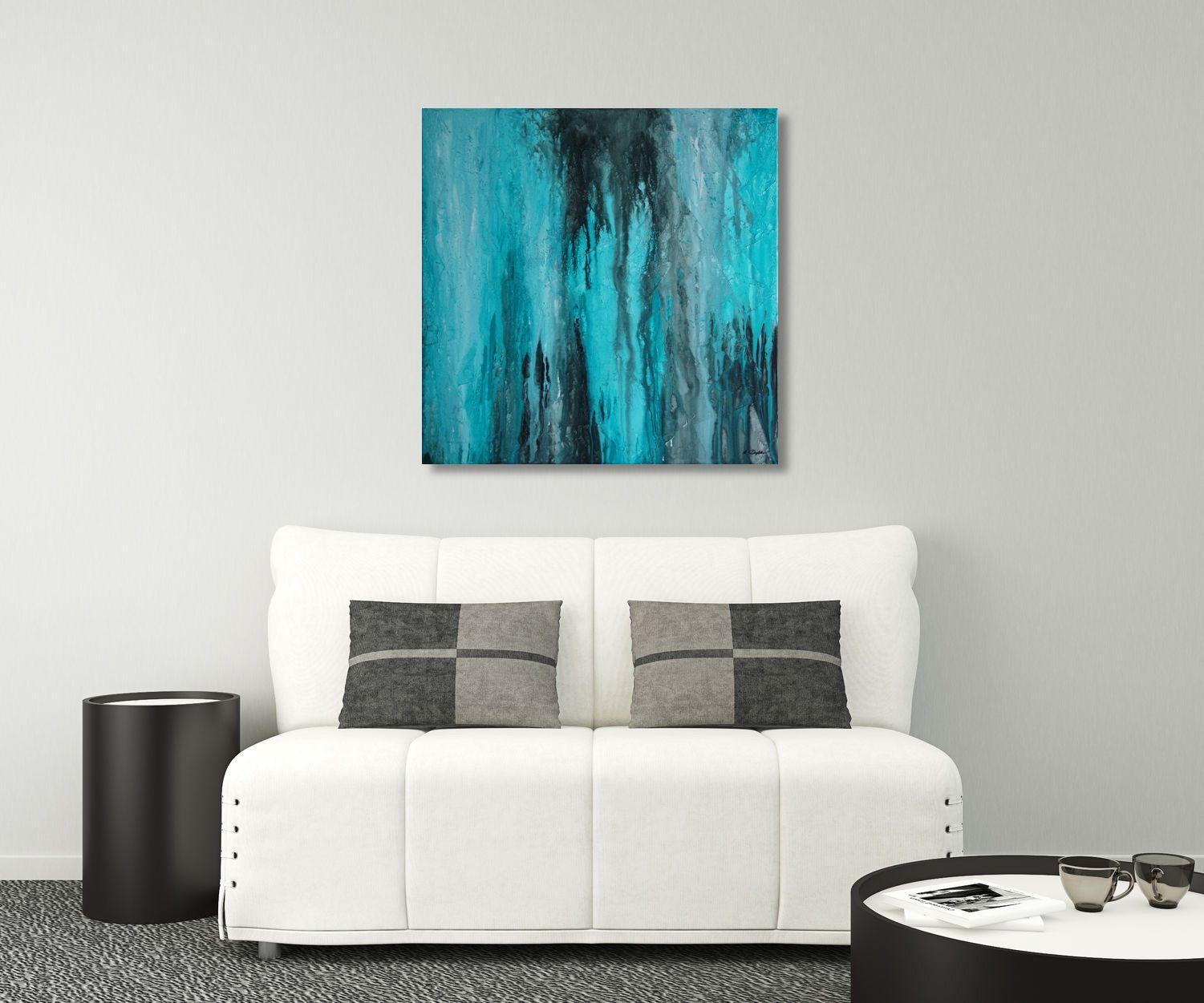 Ecco un grande pezzo in bella mostra che è anche piuttosto monocromatico in turchese e nero e grigio. Sto iniziando a mettere a punto la mia nuova tecnica, arrivando lentamente al punto in cui voglio essere. Questo quadro costituisce un legame
