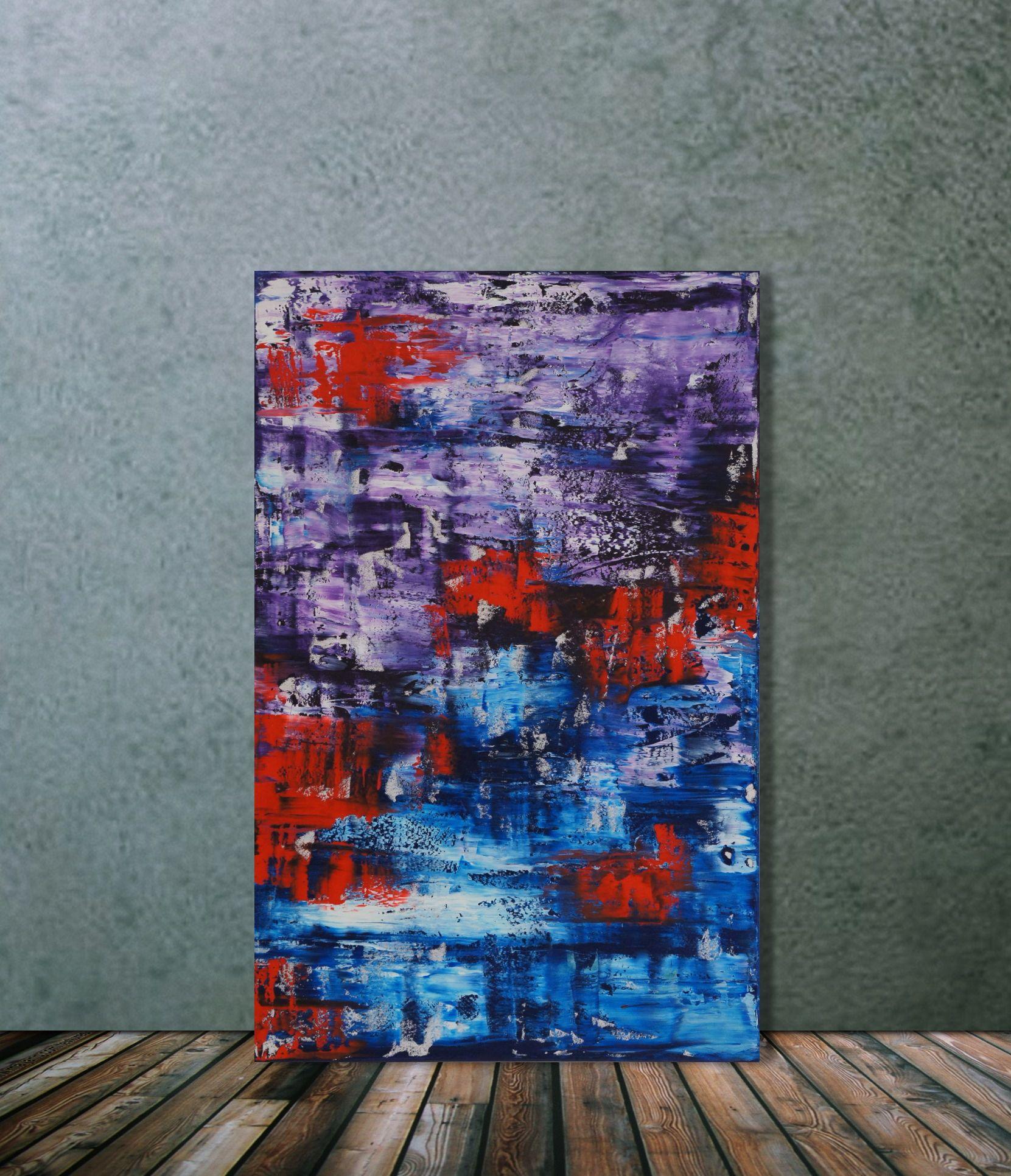 A classic pallet-knife painting in oil in bold colors clashing. The almost violent red breaks up the sorted violet and blue, adding a dynamic of its own.    Unique painting using high-quality oil colors on gallery canvas (stapled on the back)