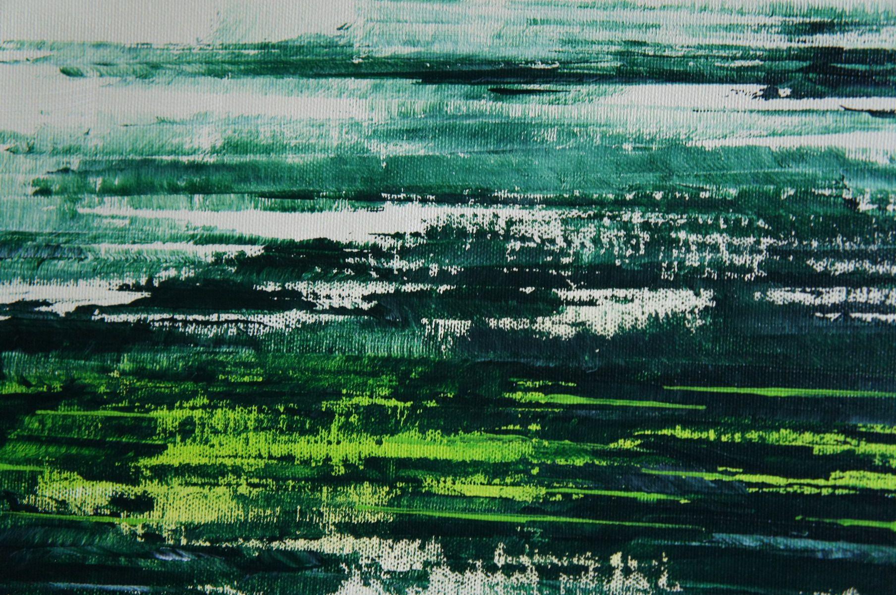 Here's a very large calming piece with a band in green tones and otherwise even wide space of light green and white.    Unique painting using high-quality acrylic colors on professional gallery canvas stretched over solid wooden 4.5 x 3.0 cm