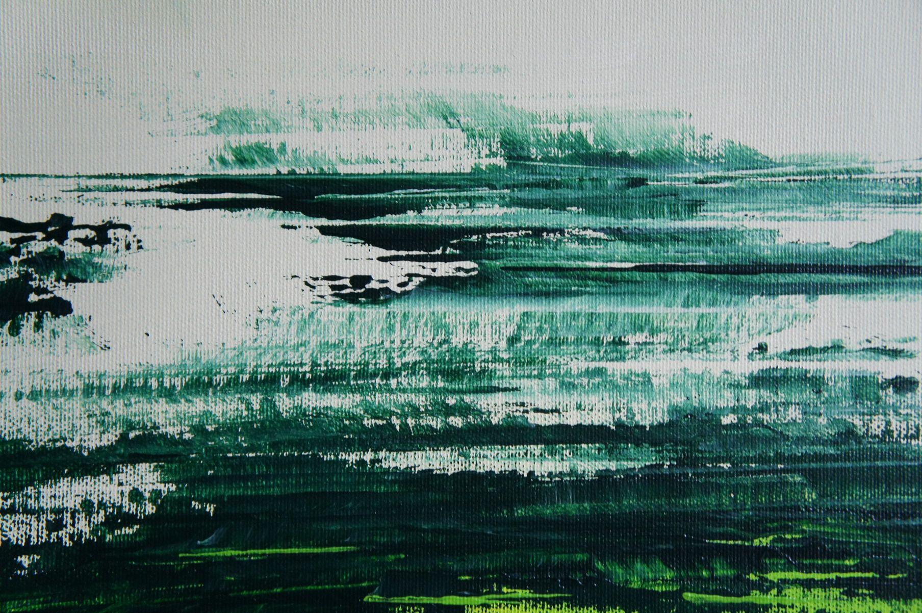 Hereâ€™s a very large calming piece with a band in green tones and otherwise even wide space of light green and white.    Unique painting using high-quality acrylic colors on professional gallery canvas stretched over solid wooden 4.5 x 3.0 cm