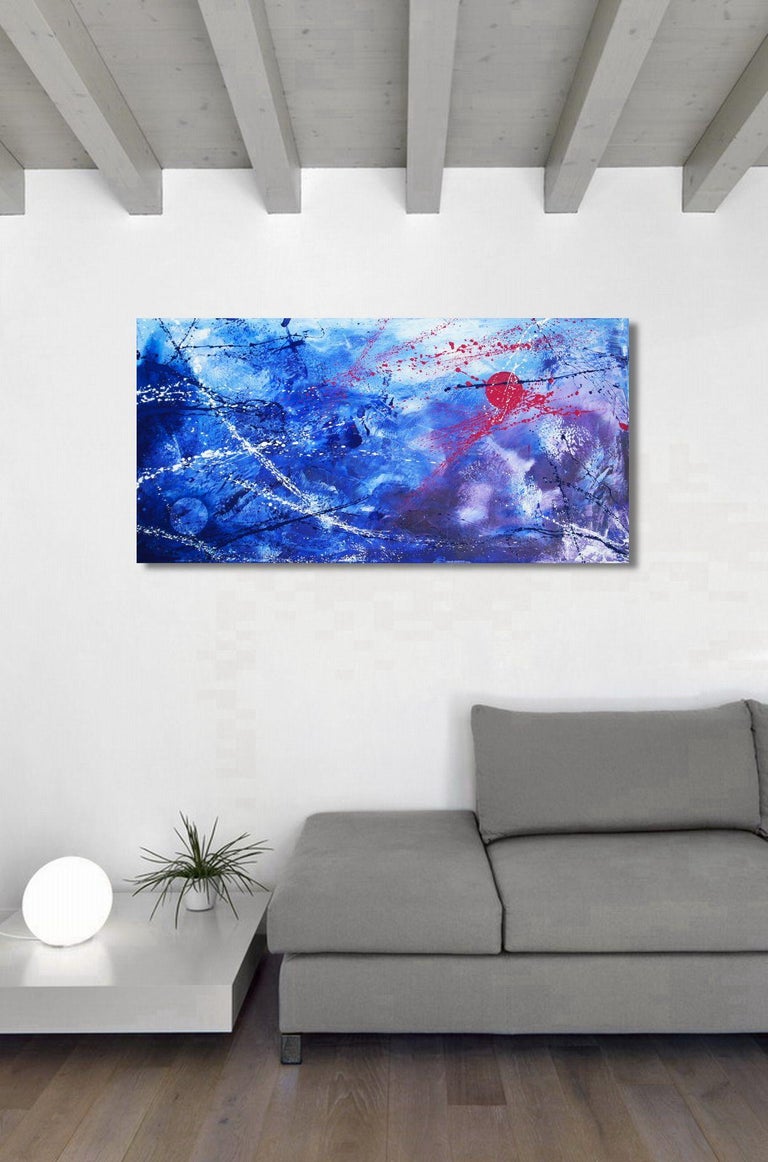 This oil painting shows an abstracted winter scene in action painting style contrasted with a deep red winter sun.    Unique painting using high-quality oil colors on gallery canvas (stapled on the back) stretched over light-weight wooden bars,