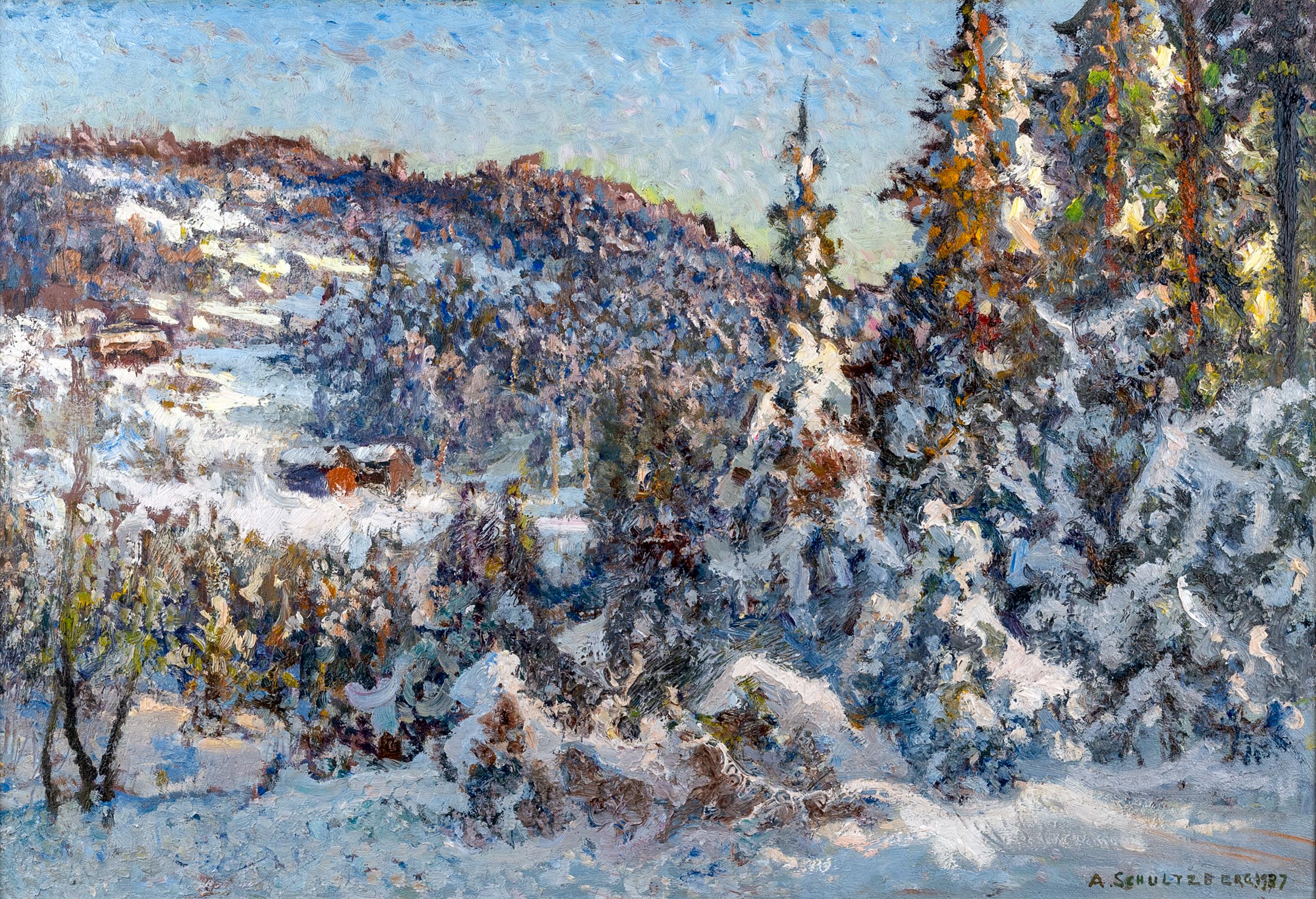 Schultzberg always captured the effects of sunlight on a winter landscape, working confidently with thick impasto.'Snowy Scene' is a beautiful example of his work, showing the woodland landscape thick with snow and bright pops of colour.