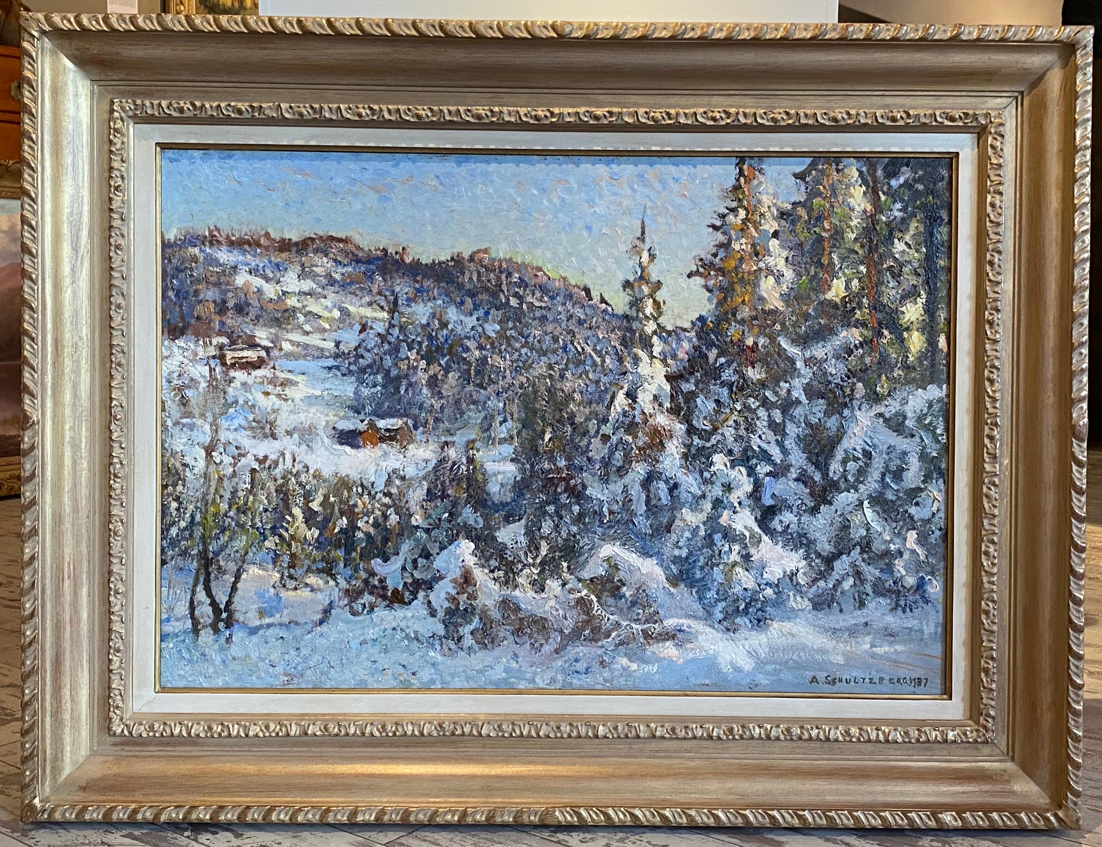 19th Century Landscape Painting of woodland & alpine trees 'Snowy Scene'  For Sale 3