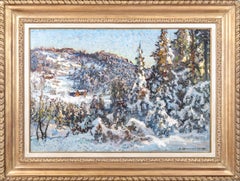 19th Century Landscape Painting of woodland & alpine trees 'Snowy Scene' 