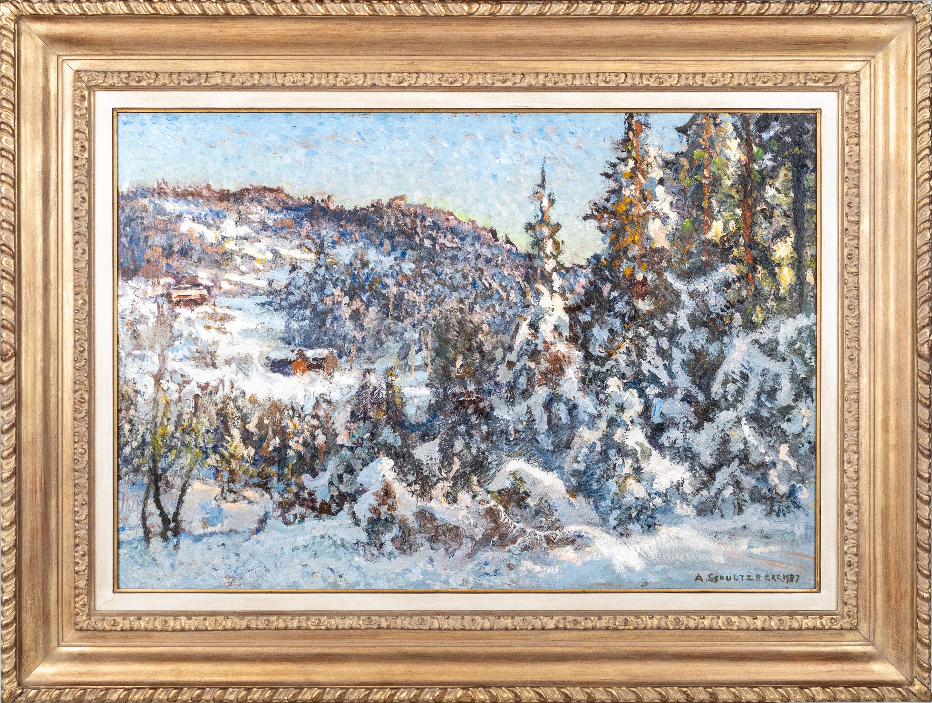 Schultzberg always captured the effects of sunlight on a winter landscape, working confidently with thick impasto.'Snowy Scene' is a beautiful example of his work, showing the woodland landscape thick with snow and bright pops of colour.