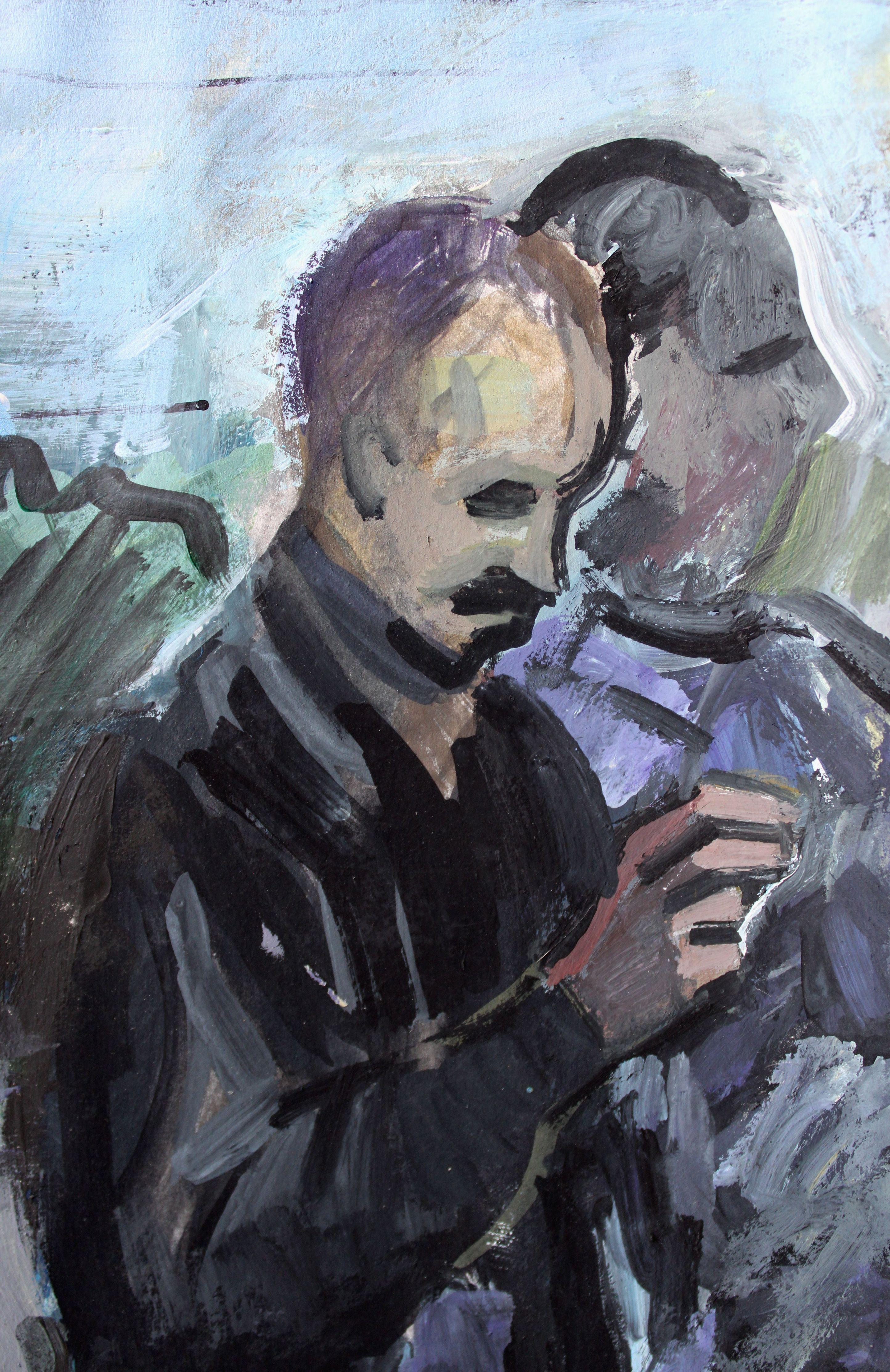 An der Haltestelle. 2022, Papier, Acryl, 25x25 cm (Blau), Figurative Painting, von Ansis Butnor