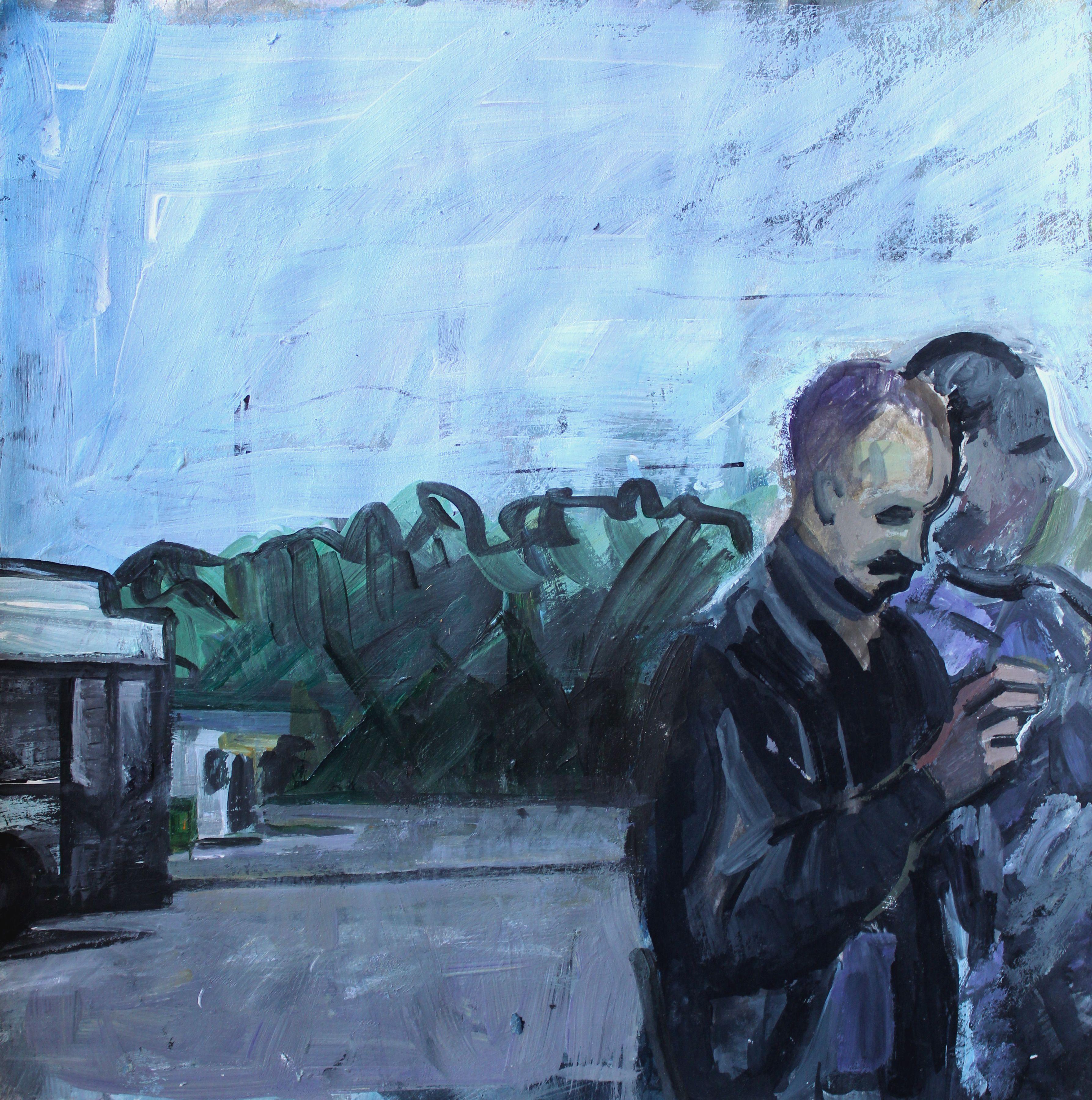 Ansis Butnor Figurative Painting – An der Haltestelle. 2022, Papier, Acryl, 25x25 cm