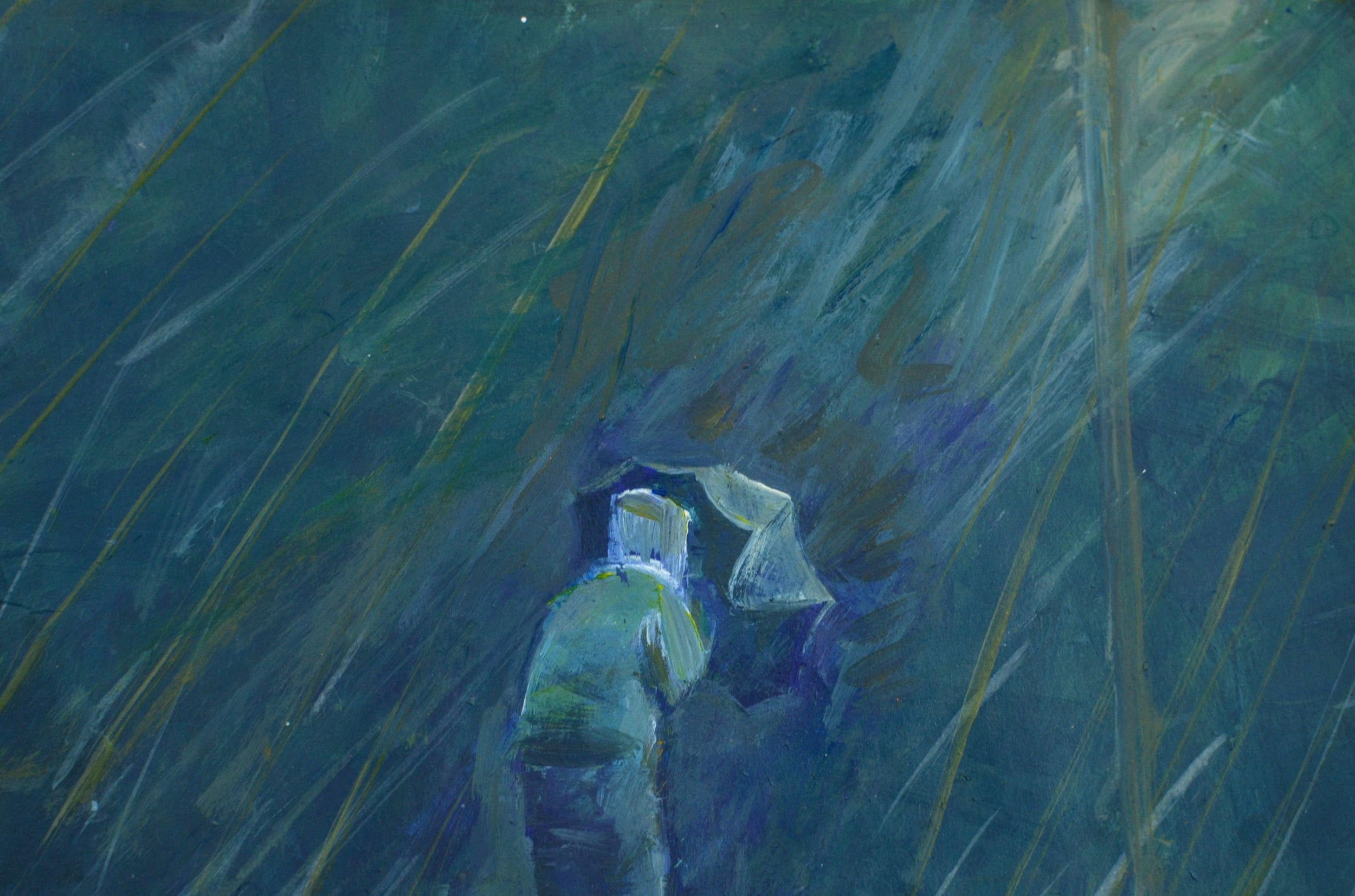 Im Regen. 2024., Acryl auf Papier, 25x25 cm (Blau), Figurative Art, von Ansis Butnor