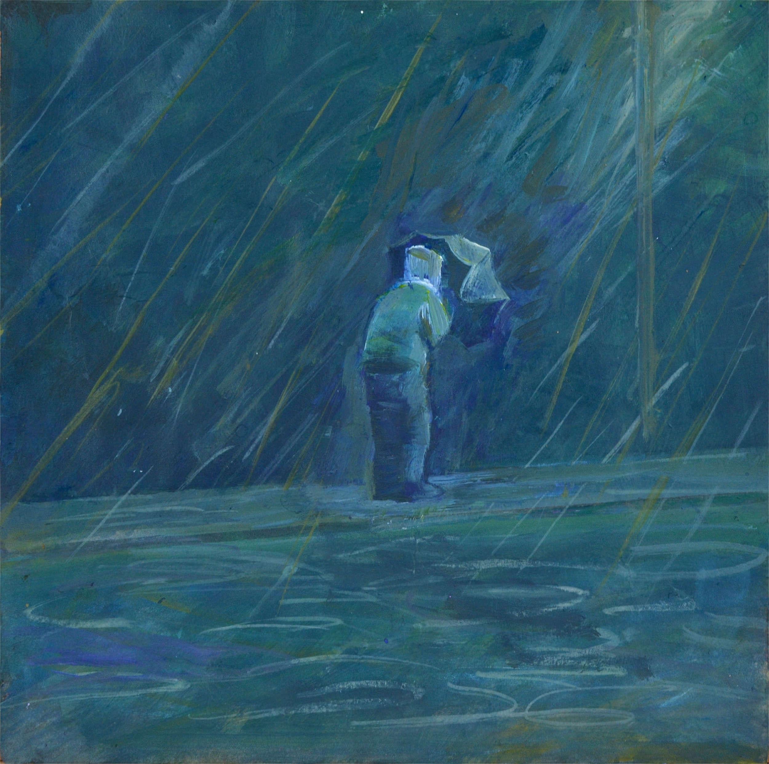 Ansis Butnor Figurative Art – Im Regen. 2024., Acryl auf Papier, 25x25 cm