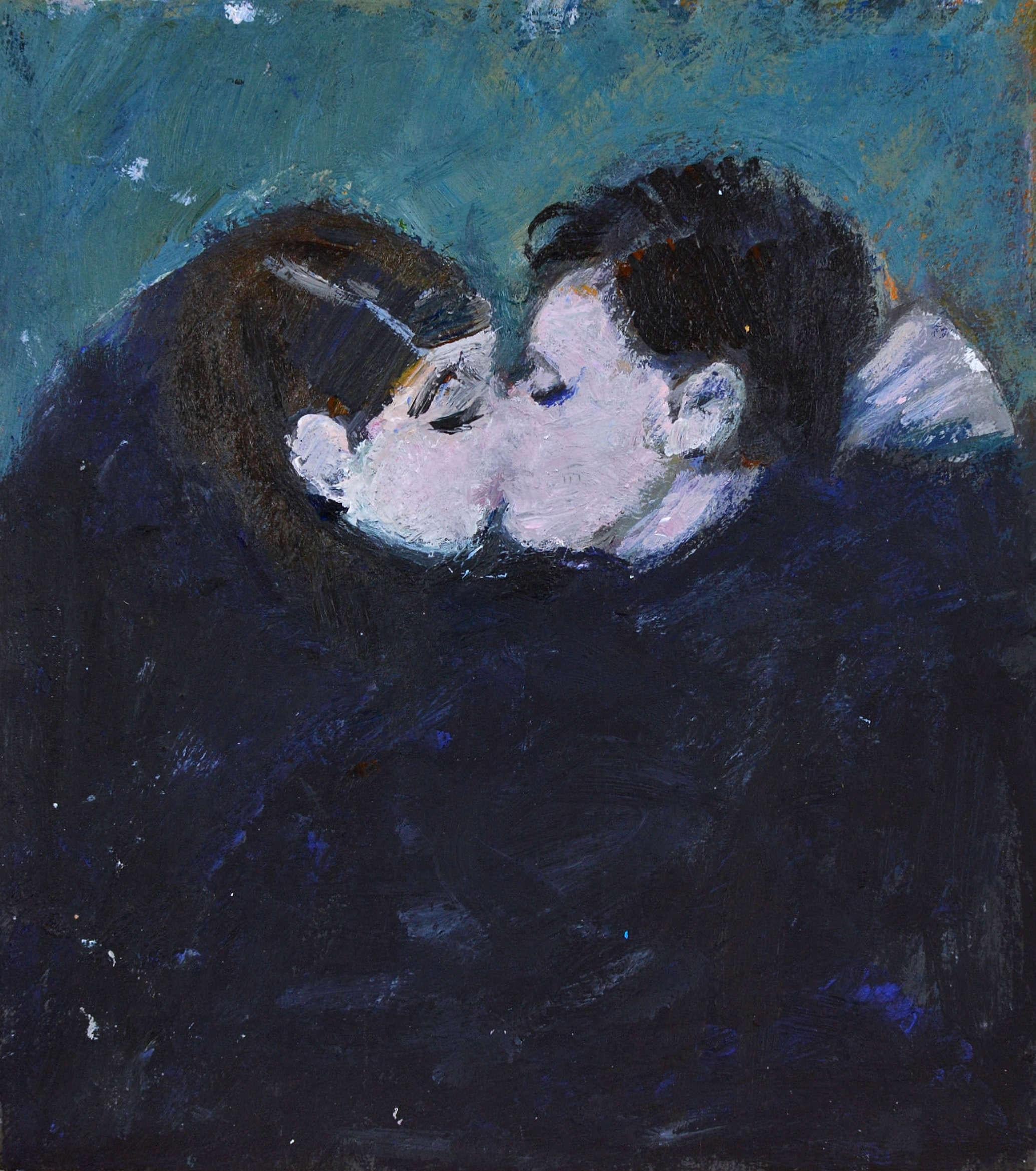 Ansis Butnor Figurative Painting - Kiss. 2025., acrylic on paper, 16x14 cm