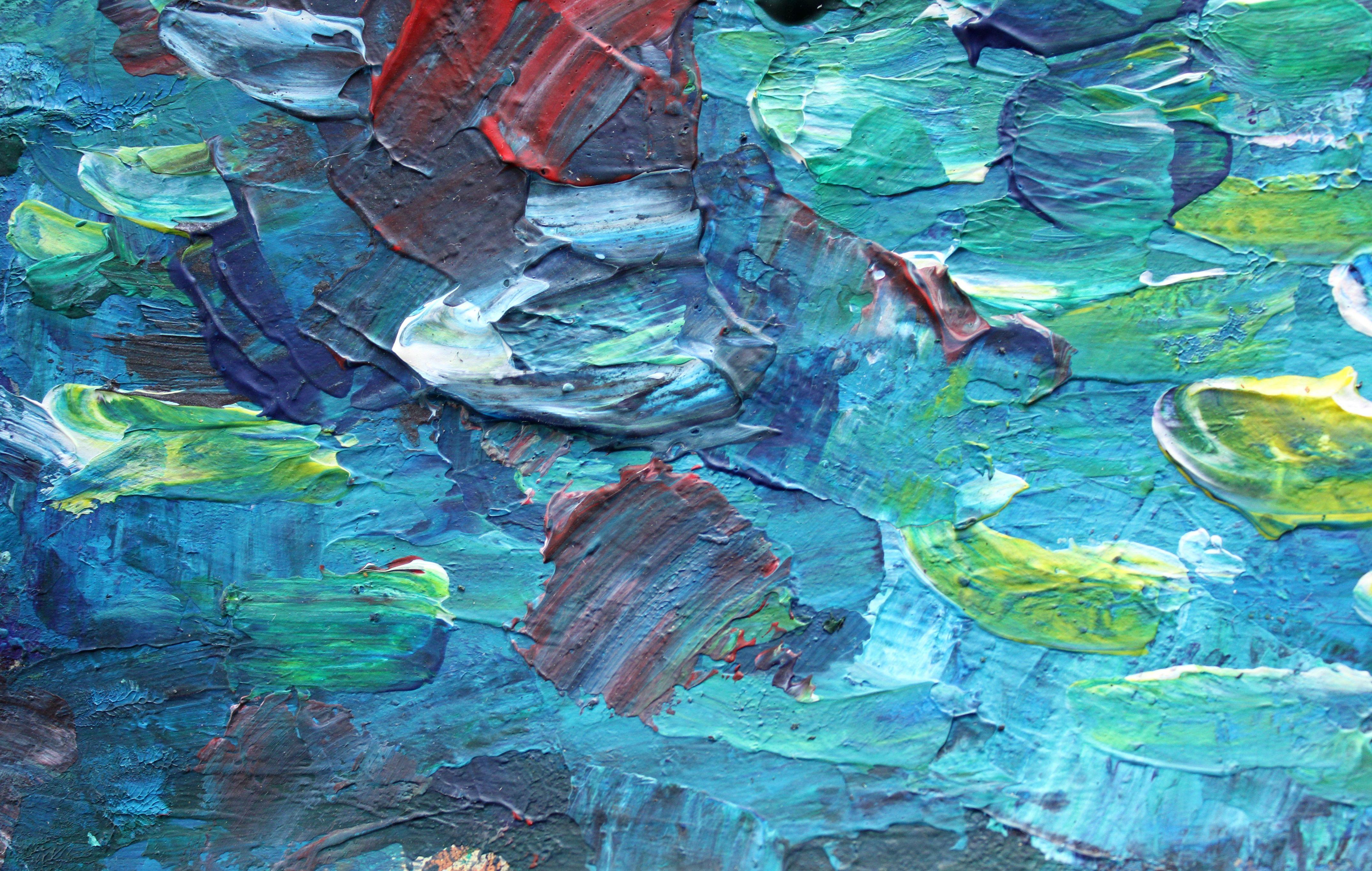 Night swim. 2023, acrylique, papier, 25 x 25 cm - Bleu Abstract Painting par Ansis Butnor