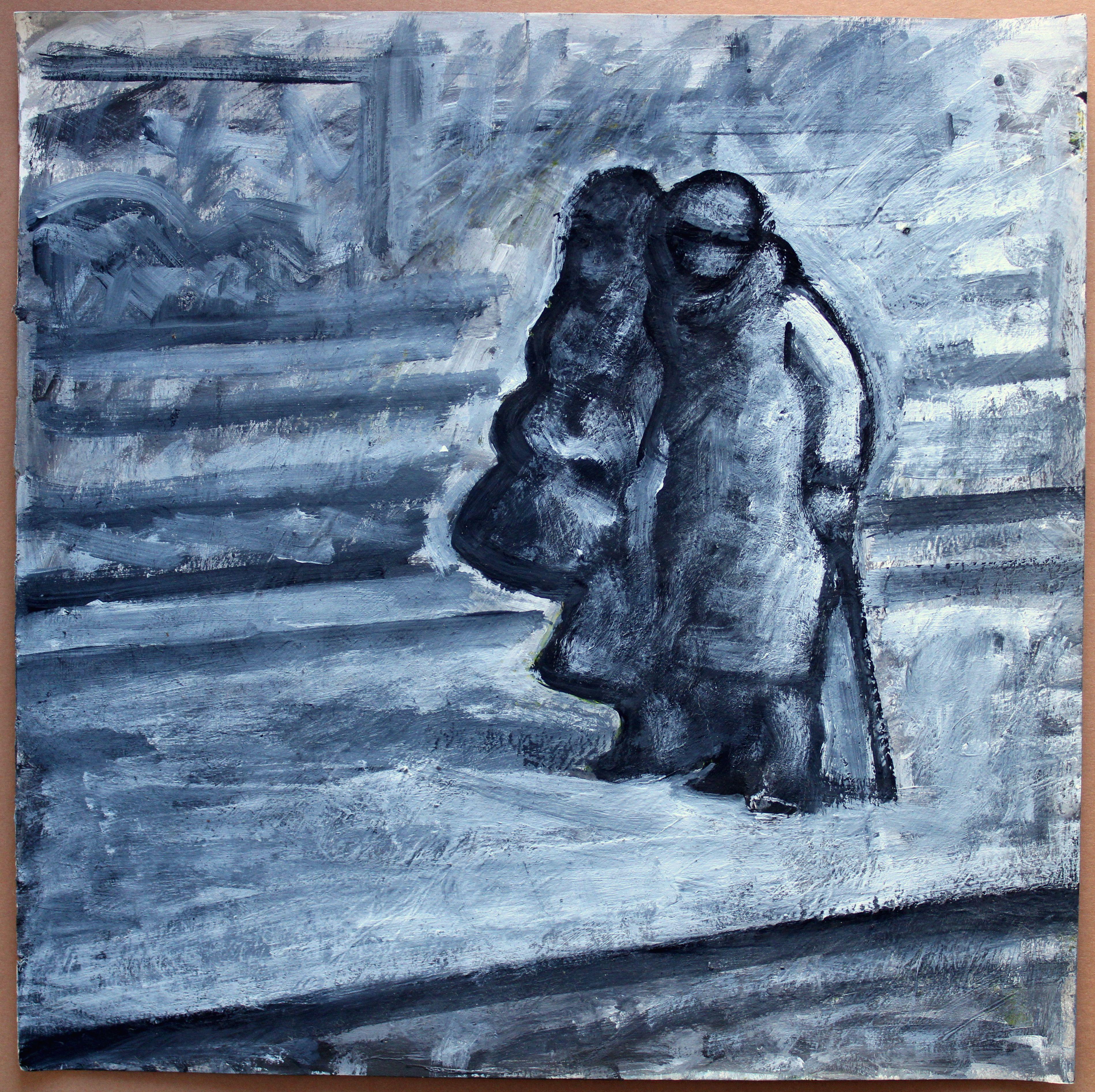 On the platform. 2022, gouache, paper, 25x25 cm - Painting by Ansis Butnor