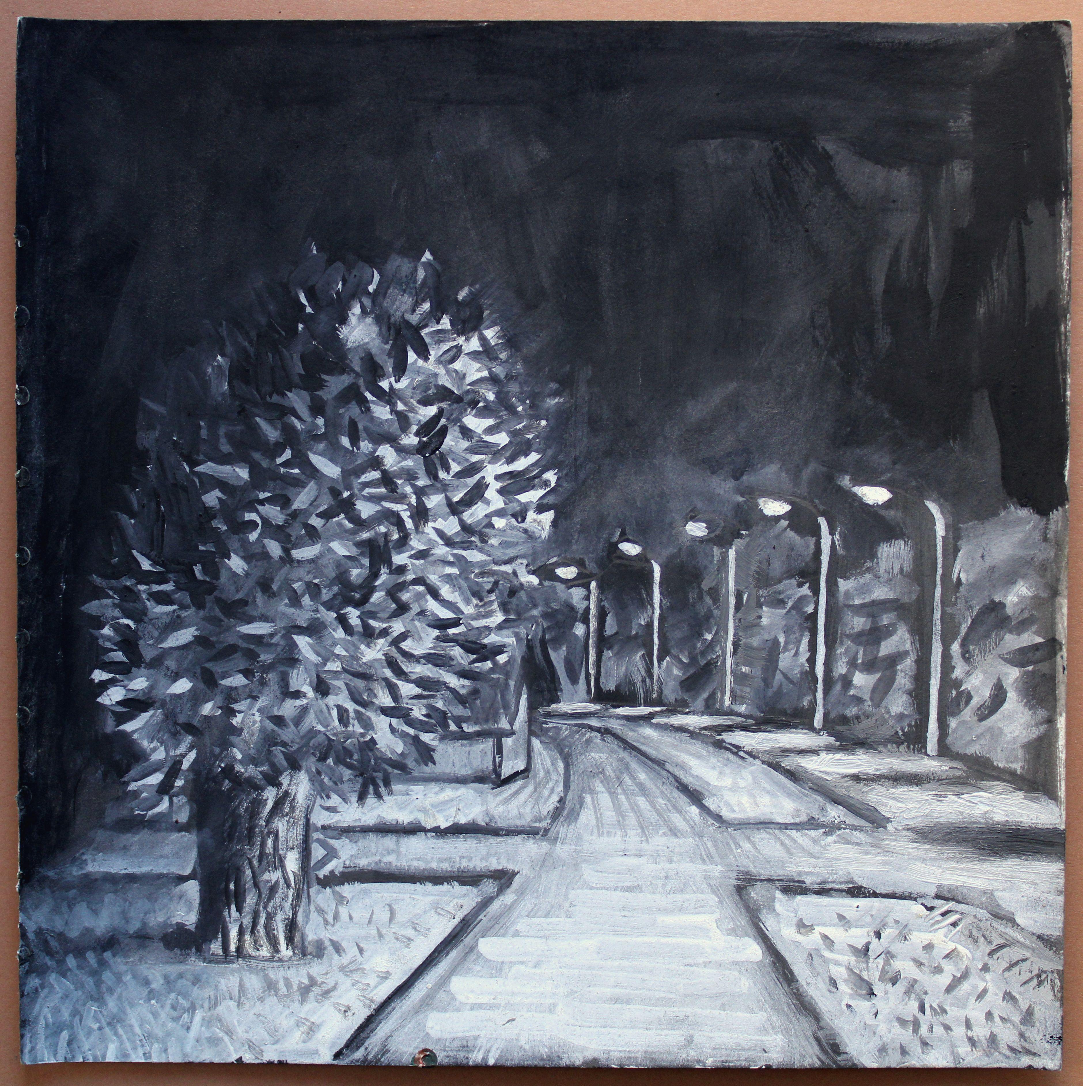 Straße bei Nacht. 2021, Gouache, Papier, 25x25 cm – Painting von Ansis Butnor