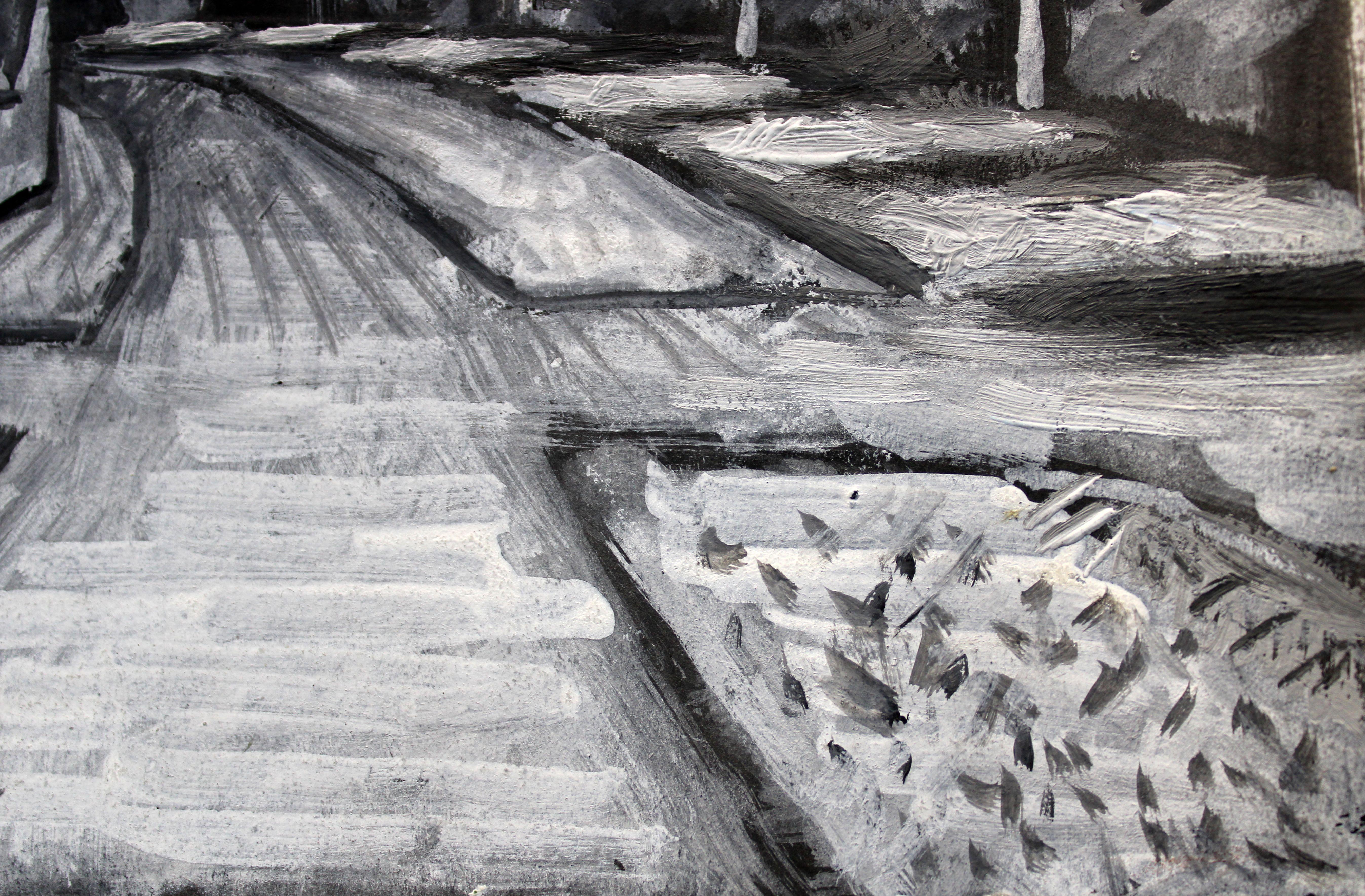 Straße bei Nacht. 2021, Gouache, Papier, 25x25 cm (Schwarz), Landscape Painting, von Ansis Butnor