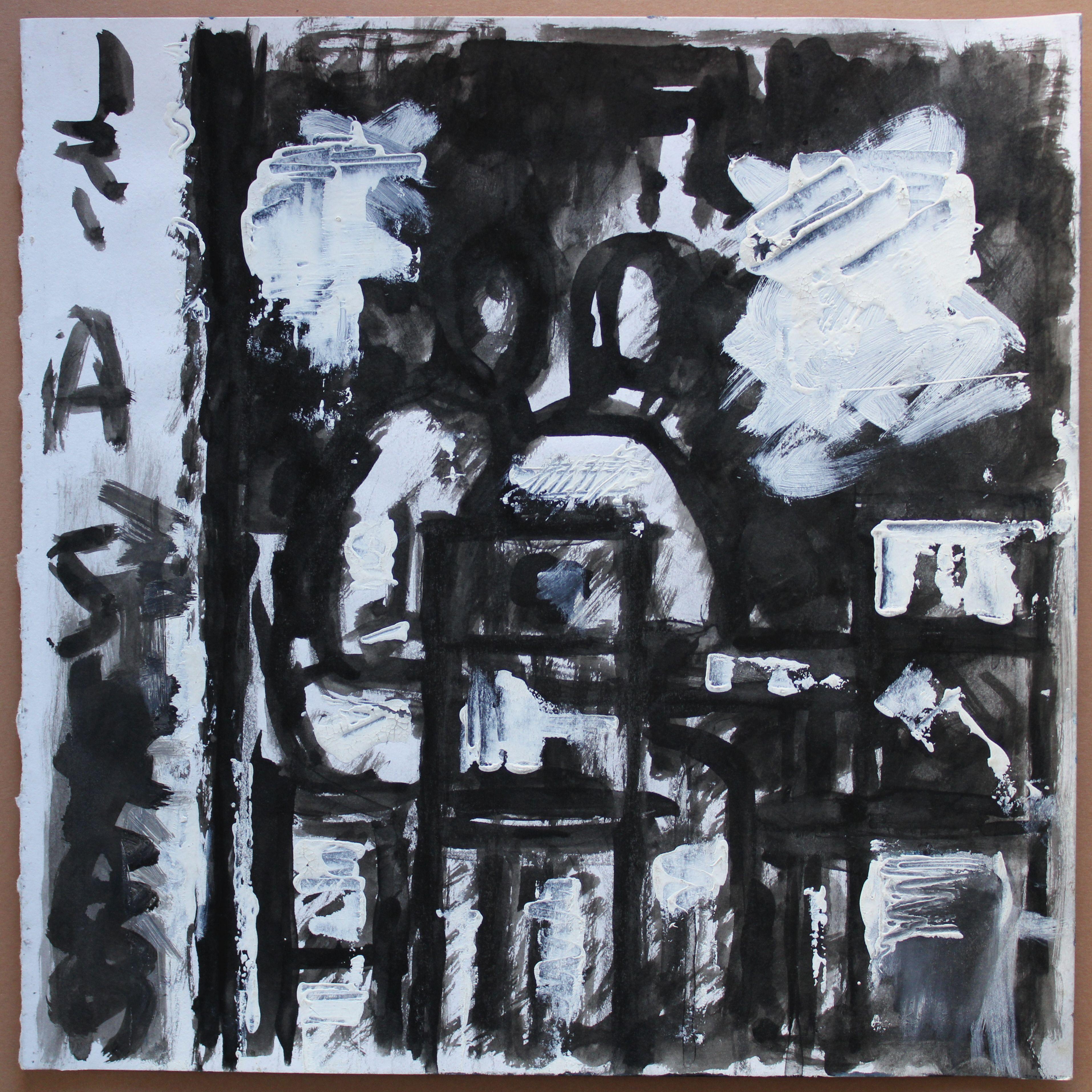 Café in der Street Street. 2021, Acryl, Papier, 25x25 cm – Painting von Ansis Butnor