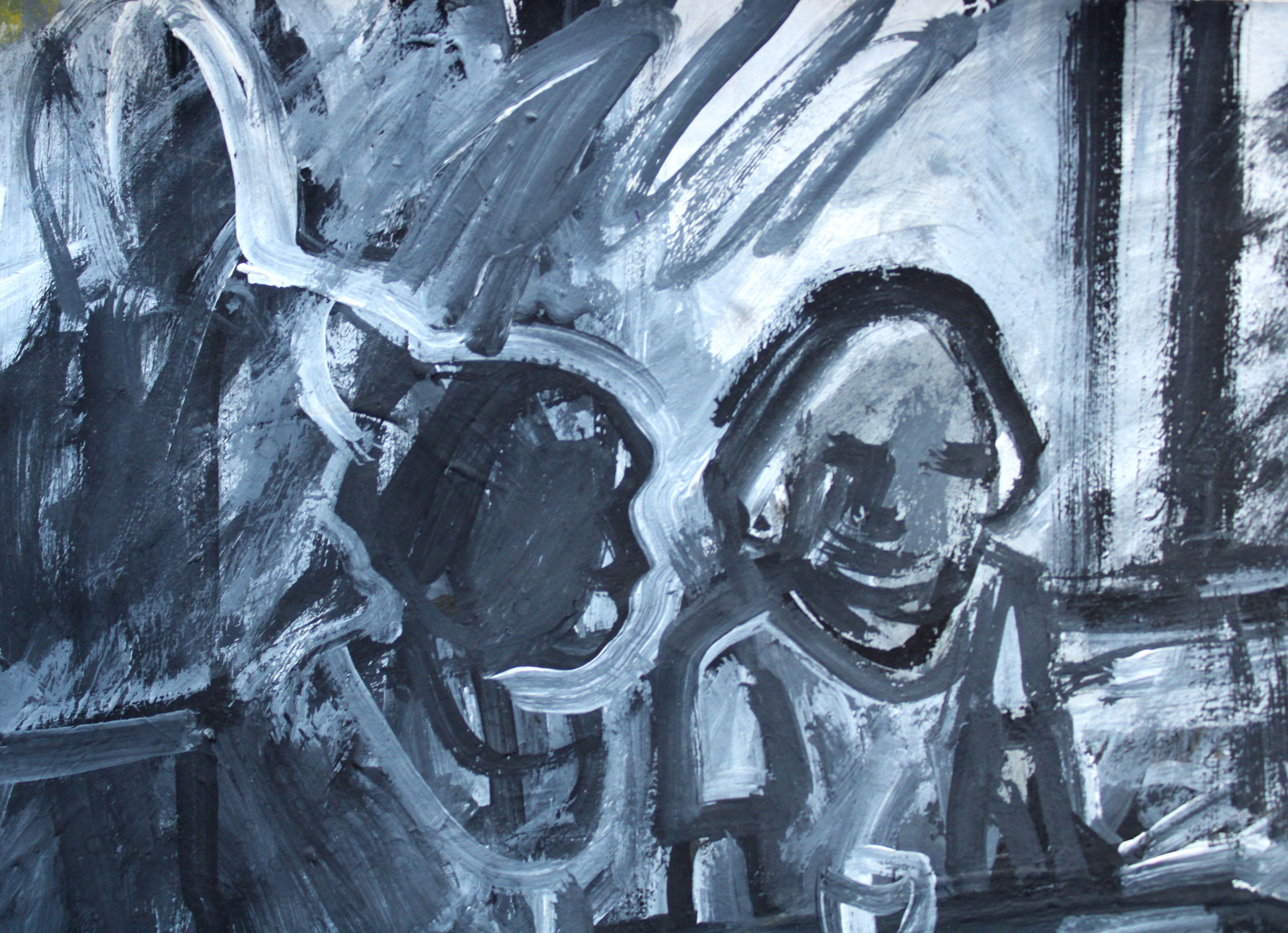 Due al bar. 2023, guazzo, carta, 25 x 25 cm in vendita 1