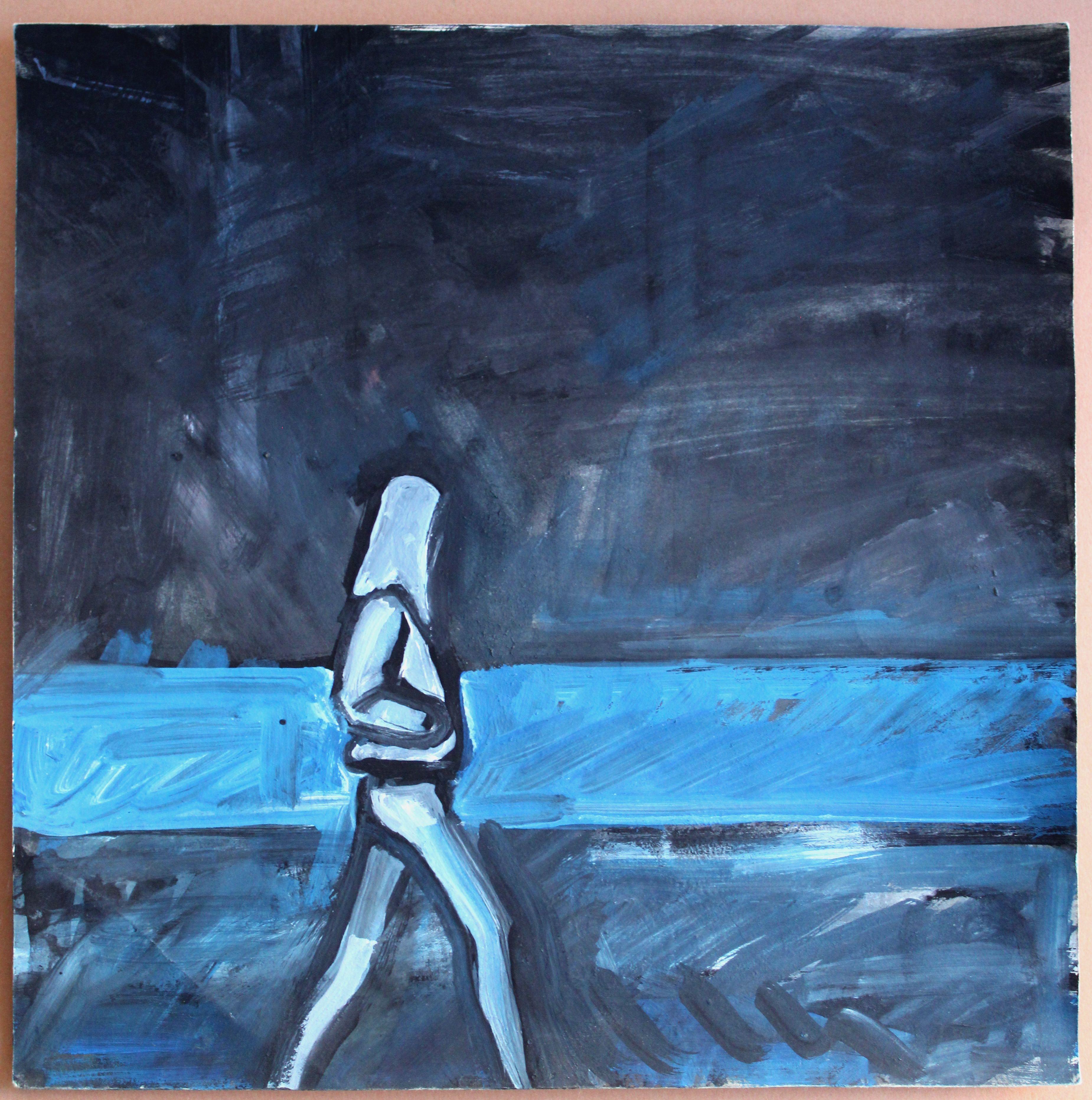Spaziergang am Meer entlang. 2024, Gouache, Papier, 25x25 cm – Painting von Ansis Butnor
