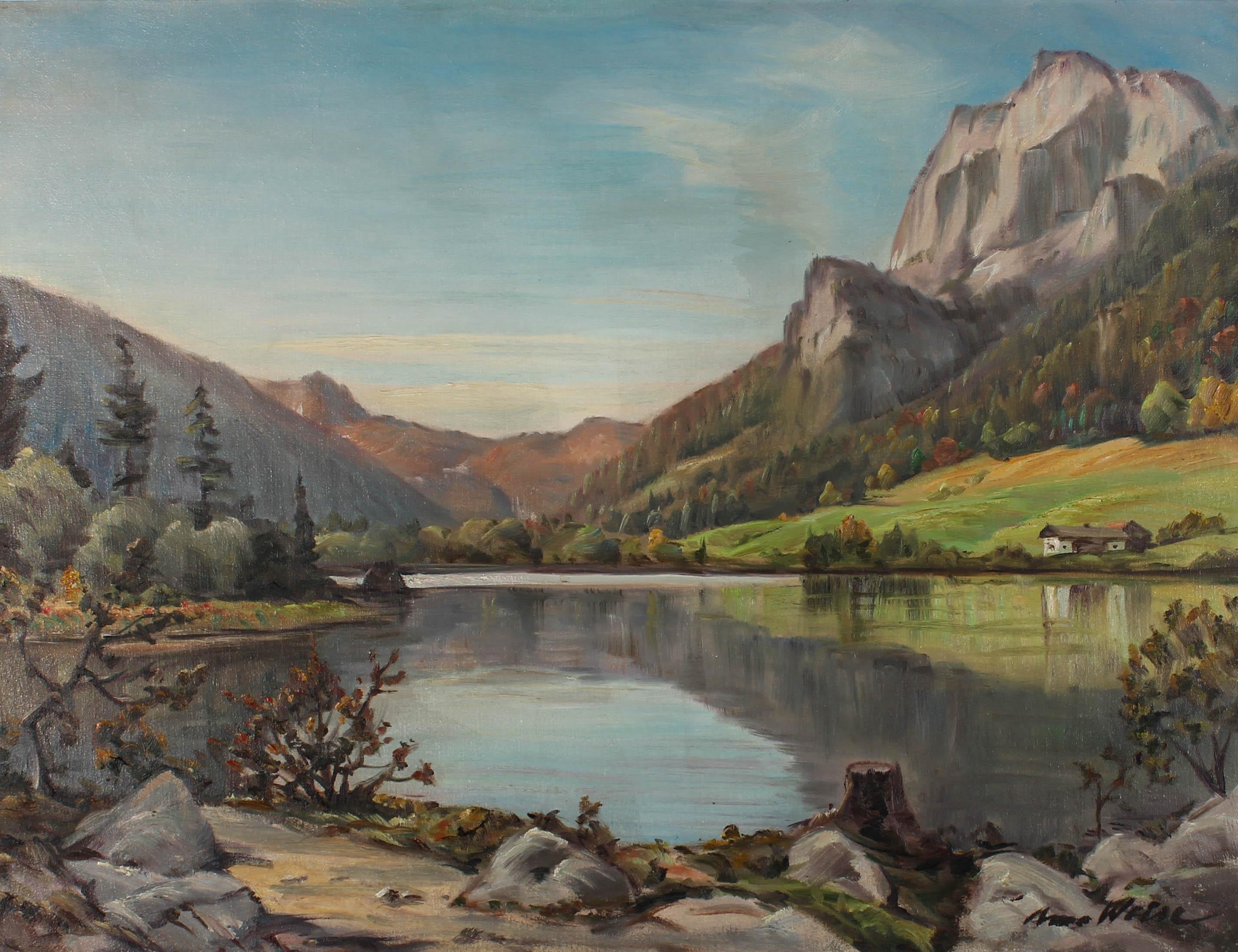 An original oil painting of Lake Hintersee, by German artist Anso Weise. Gigantic peaks can be seen, located at the foot of the Reiter-Alm. The Lake's dramatic beauty continues to attract landscape artists and poets to its waters and enchanted