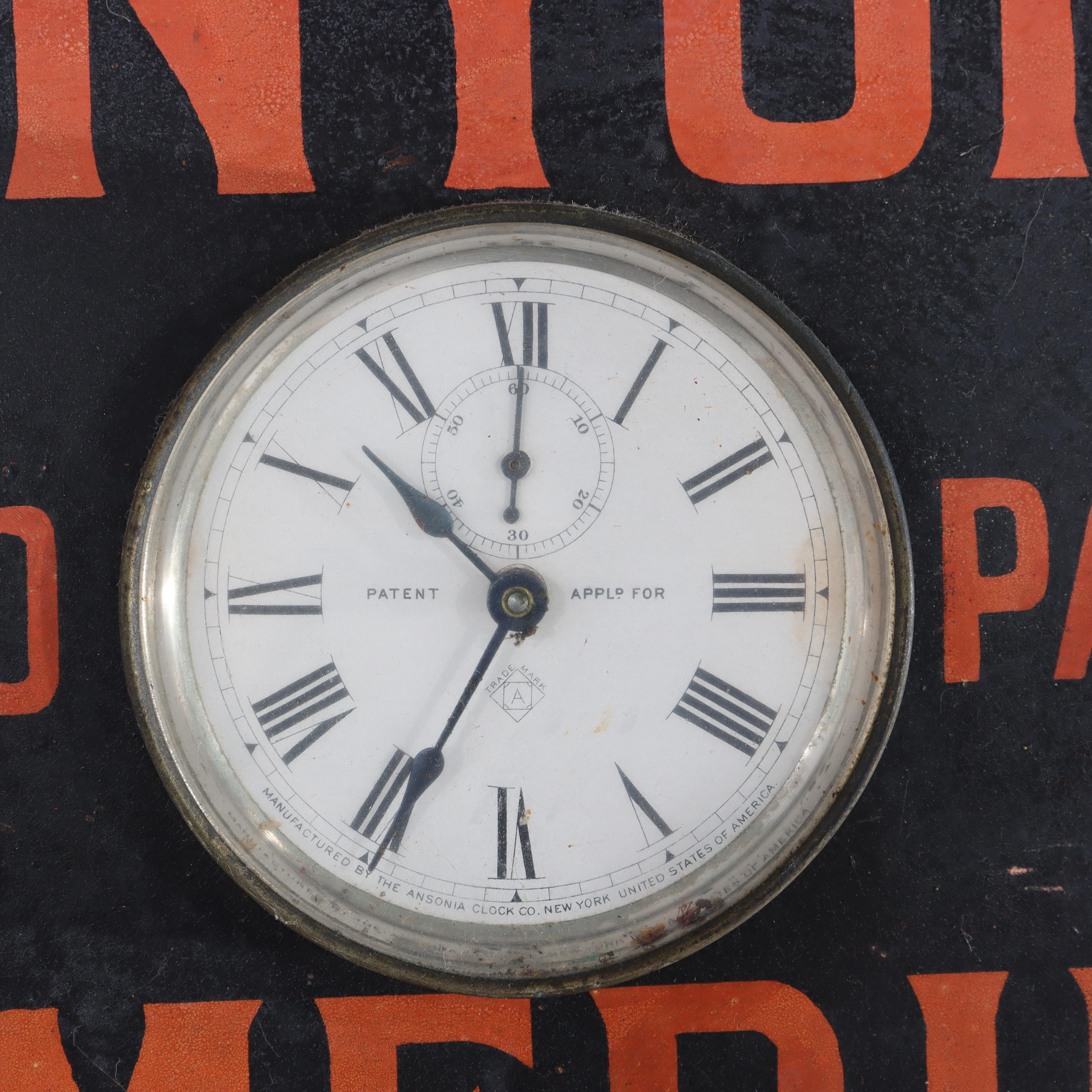 Ansonia Munyon Homeopathic Rems Advertising Oak & Enameled Tin Plate Clock c1910 In Good Condition For Sale In Big Flats, NY