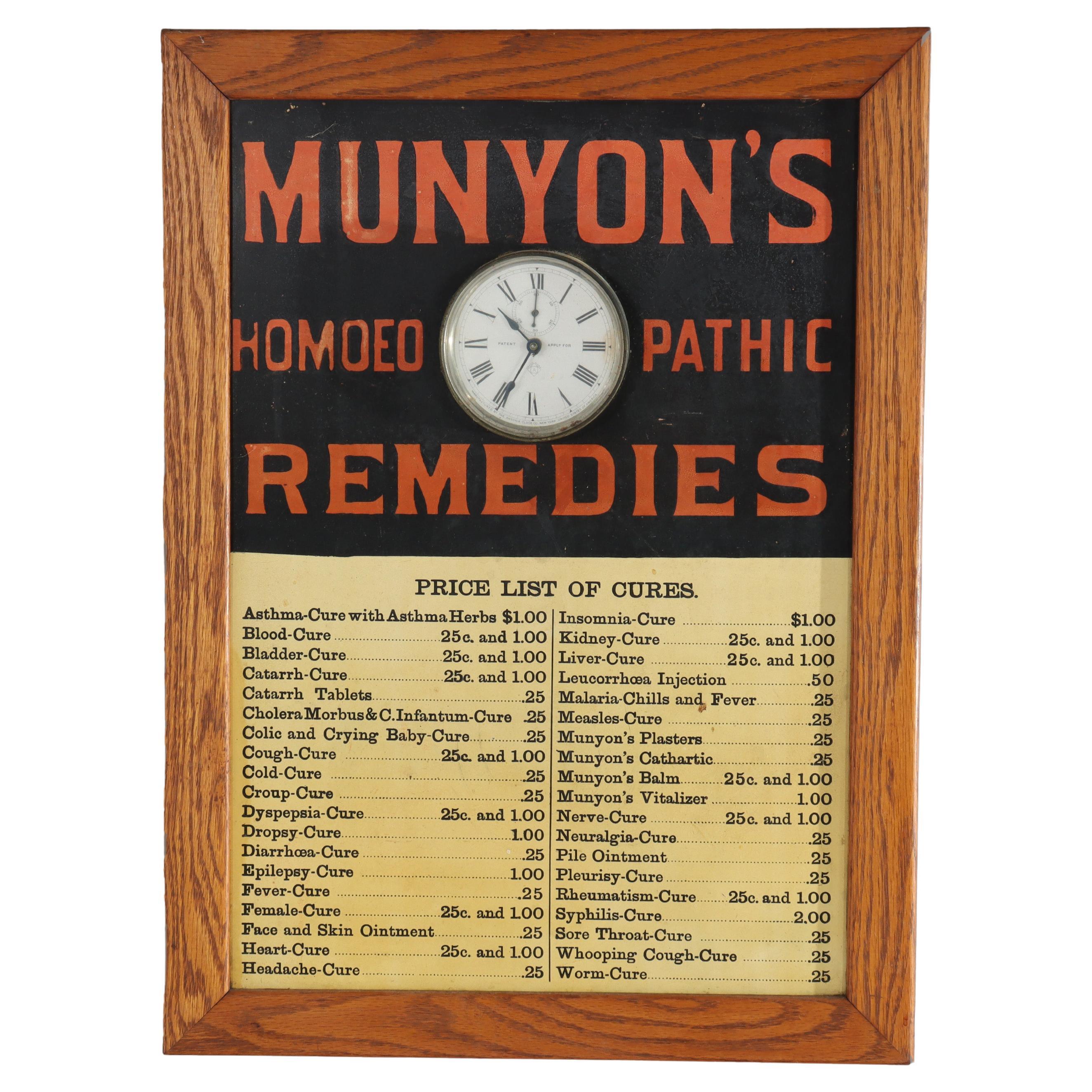 Ansonia Munyon Homeopathic Rems Advertising Oak & Enameled Tin Plate Clock c1910 For Sale
