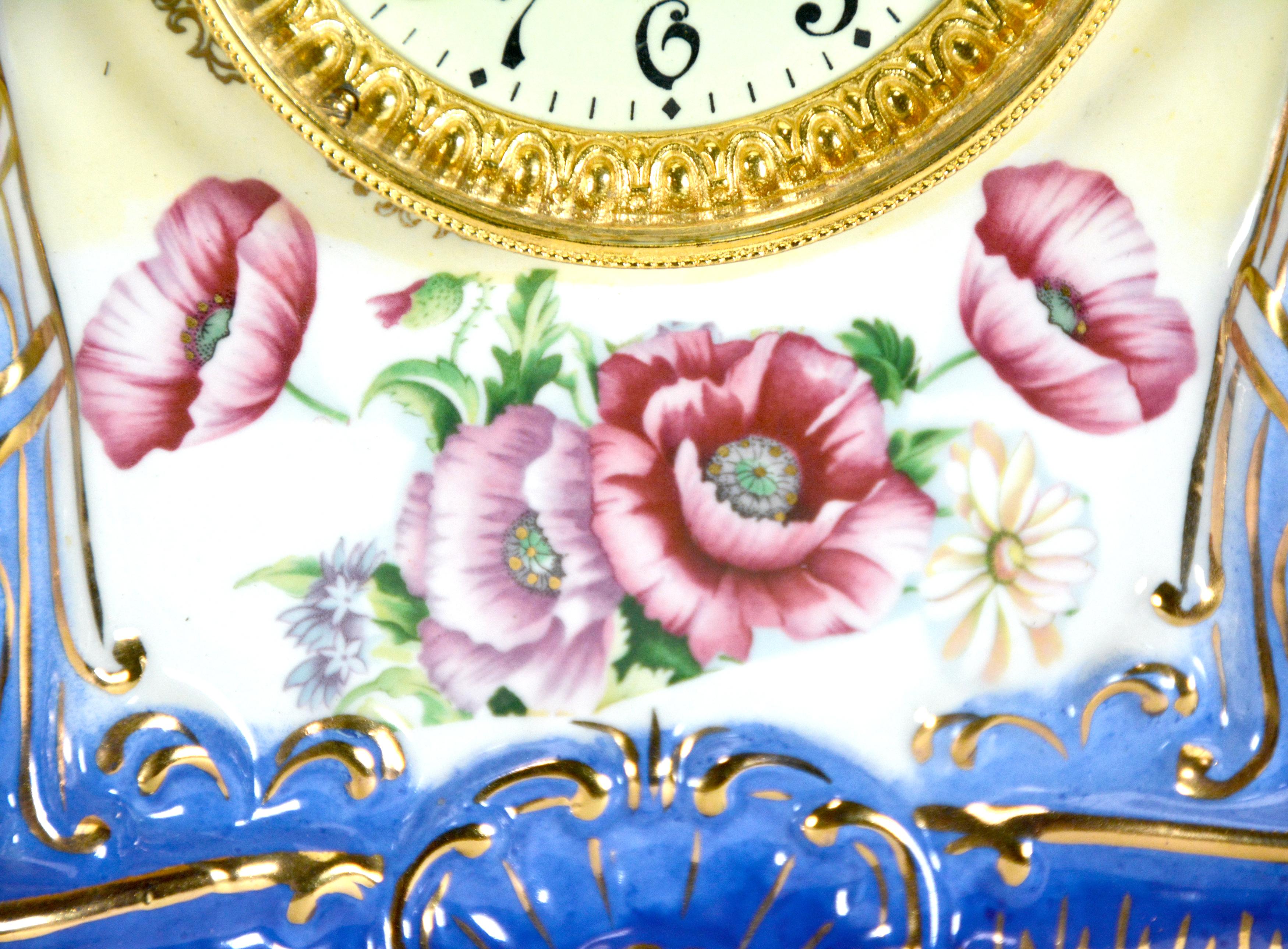 Ansonia Style Visible Escapement Pink & Blue Floral 24K Porcelain Mantle Clock For Sale 4